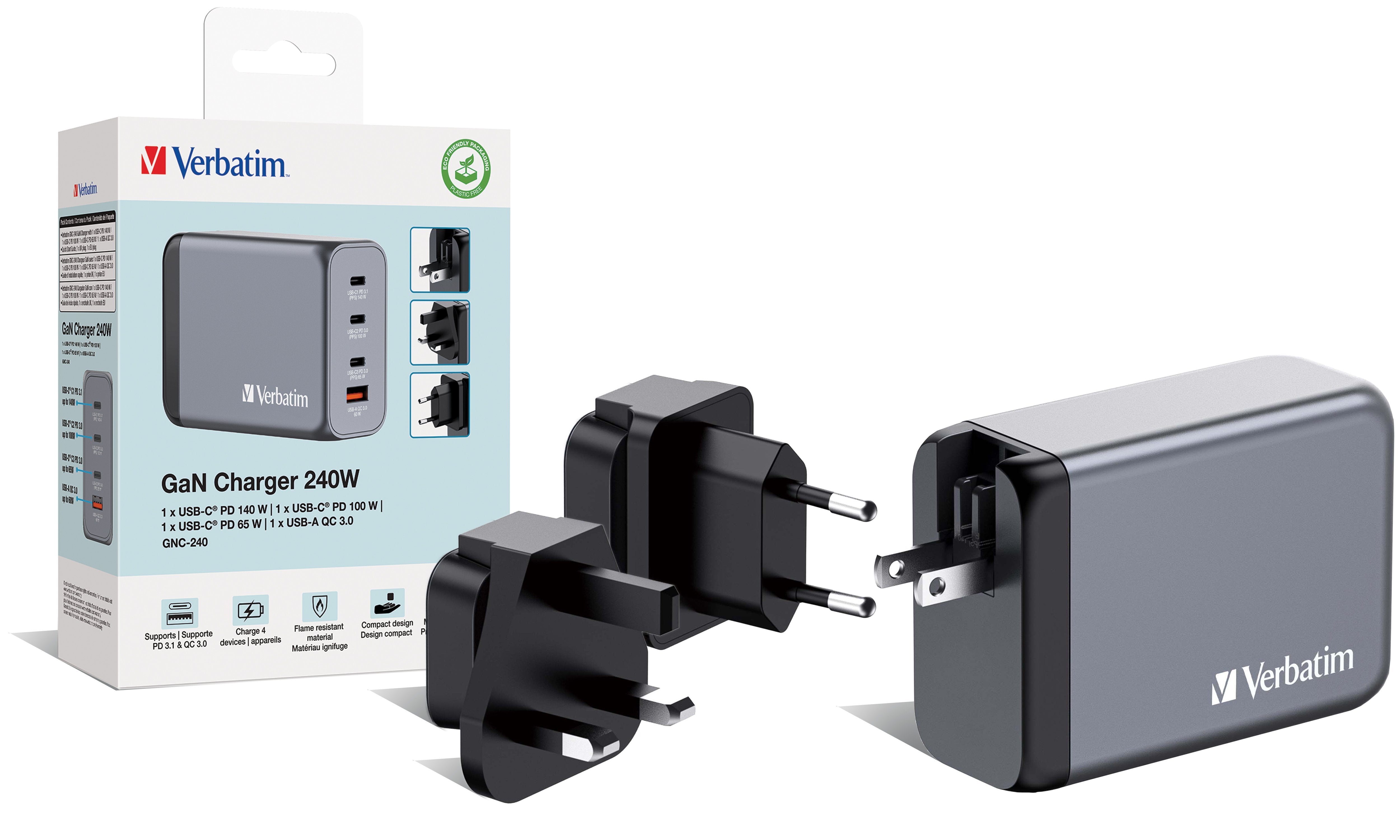 Cargador Gan De Pared Universal Verbatim Gnc-240 3xusb Tipo-C 1xusb 240w