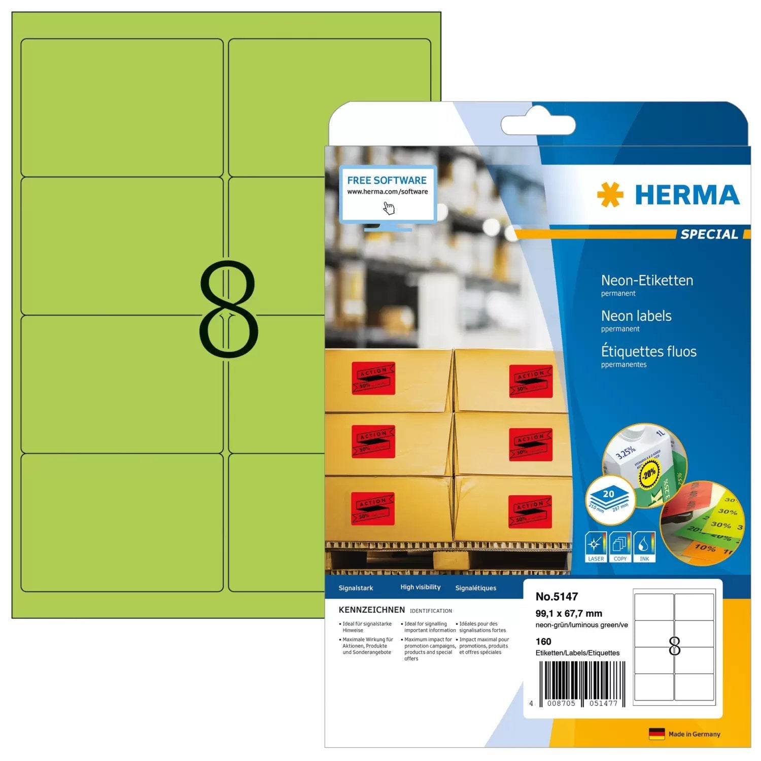 EAN 4008705051477 - HERMA 5147 etiqueta autoadhesiva Rectángulo redondeado Permanente Verde 160 pieza(s) imagen 1