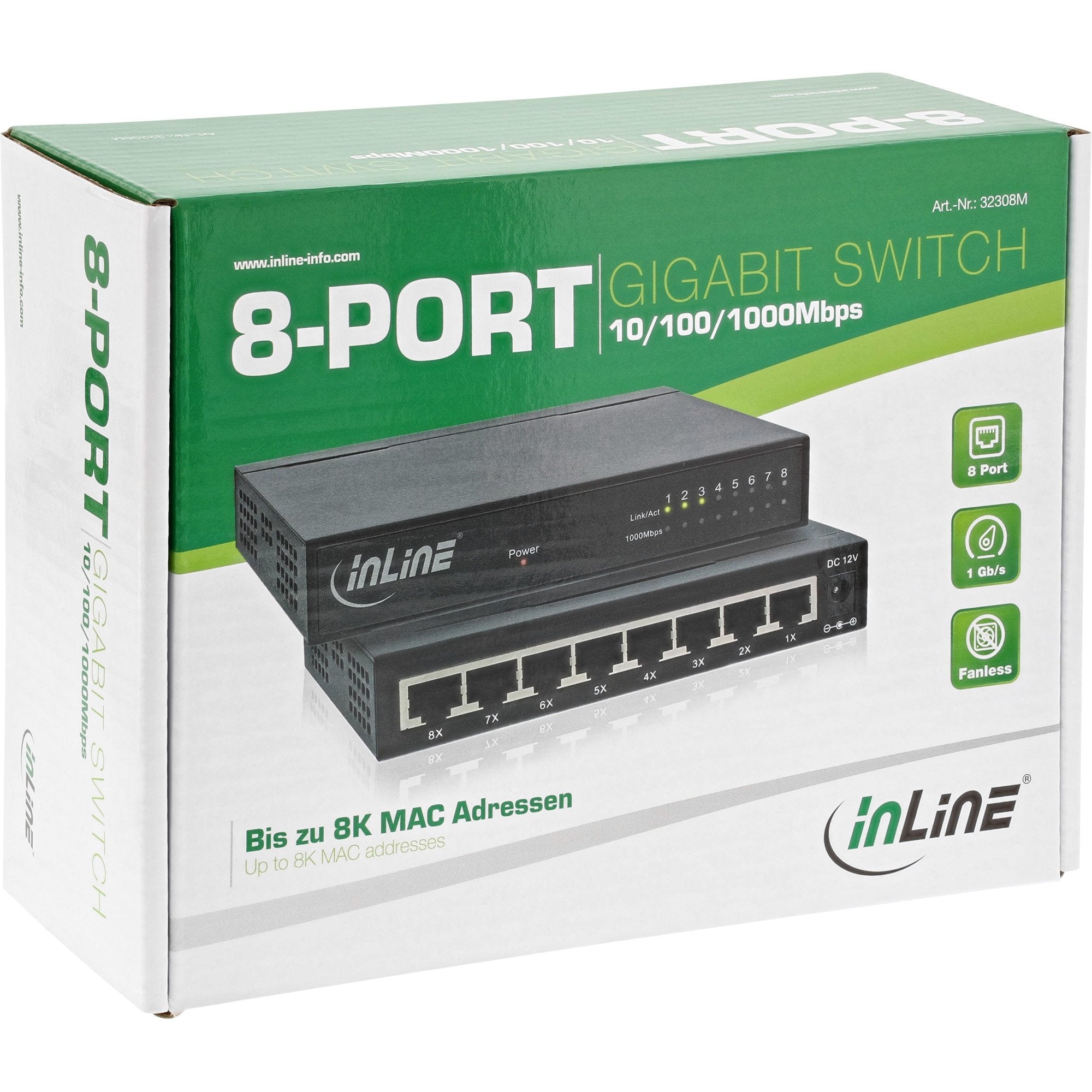 Switch De Red Inline De 8 Puertos, Gigabit Ethernet, 10/100/1000 Mbit/S, Escritorio, Metal, Sin Ventilador, Puertos Blindados