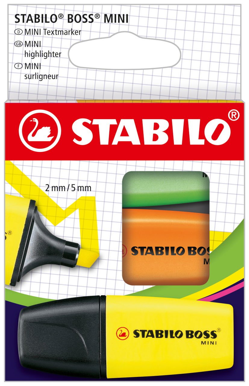 Stabilo Boss Mini Pack De 3 Marcadores Fluorescentes - Trazo Entre 2 Y 5mm - Tinta Con Base De Agua - Antisecado - Colores Surtidos