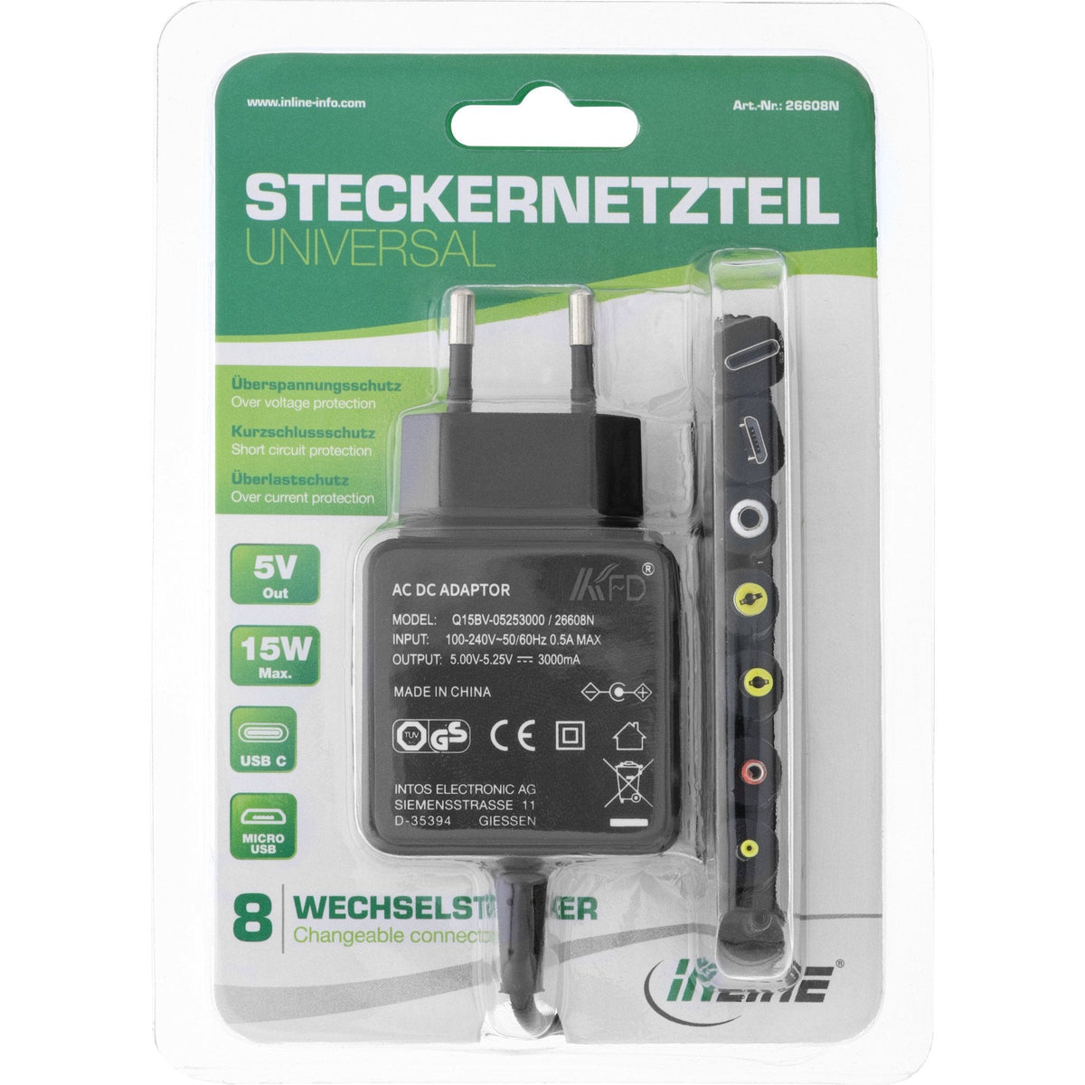 Inline Cargador Universal, 5v / 15w, Con 8 Enchufes Intercambiables, Micro-Usb, Usb-C