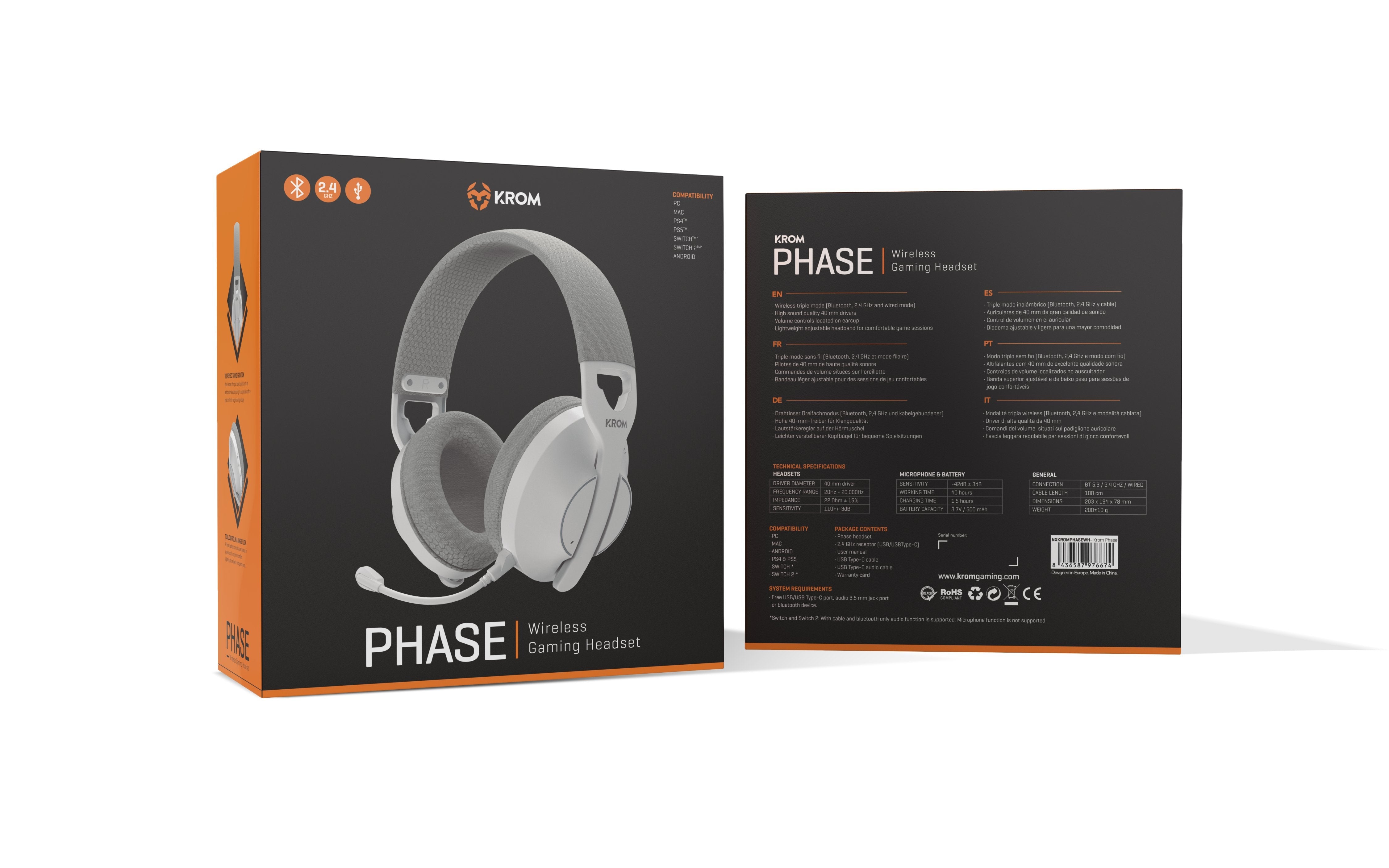 Auriculares Gaming Inalámbricos Con Micrófono Krom Phase Bluetooth Jack 3.5 Usb 2.0 Blancos