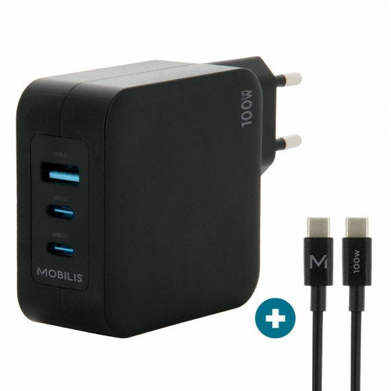 EAN 3700992530437 - Mobilis Charger 100W 2USB C 1USBA GaN cable 100W Portátil, Smartphone, Tableta Negro Corriente alterna In imagen 1