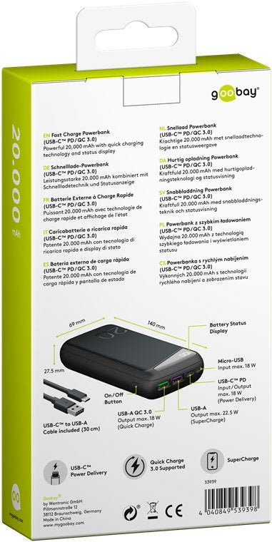 Goobay 53939 Powerbank Batería Externa Polímero De Litio 20000 Mah Negro