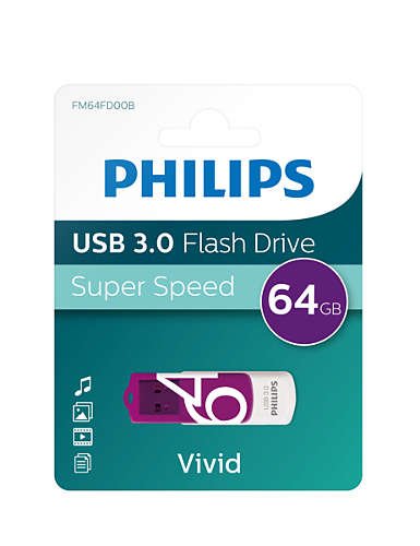 Pendrive Philips 64 Gb, Usb Tipo A, 3.2 Gen 1 (3.1 Gen 1), Girar, 8 G, Púrpura, Blanco