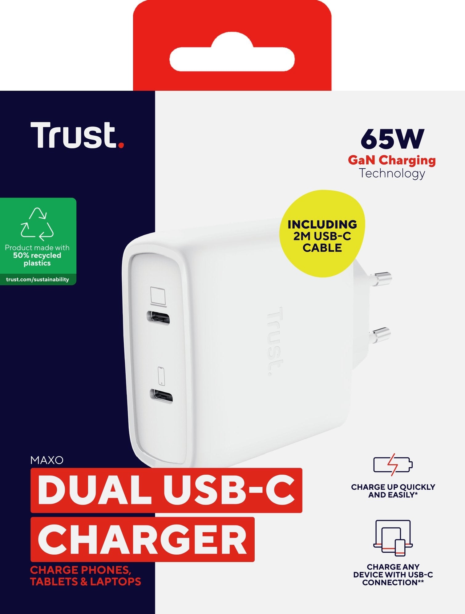 Cargador Usb Gan Trust Maxo 65w 2xusb-C Incluye Cable Usb-C 2m Color Blanco