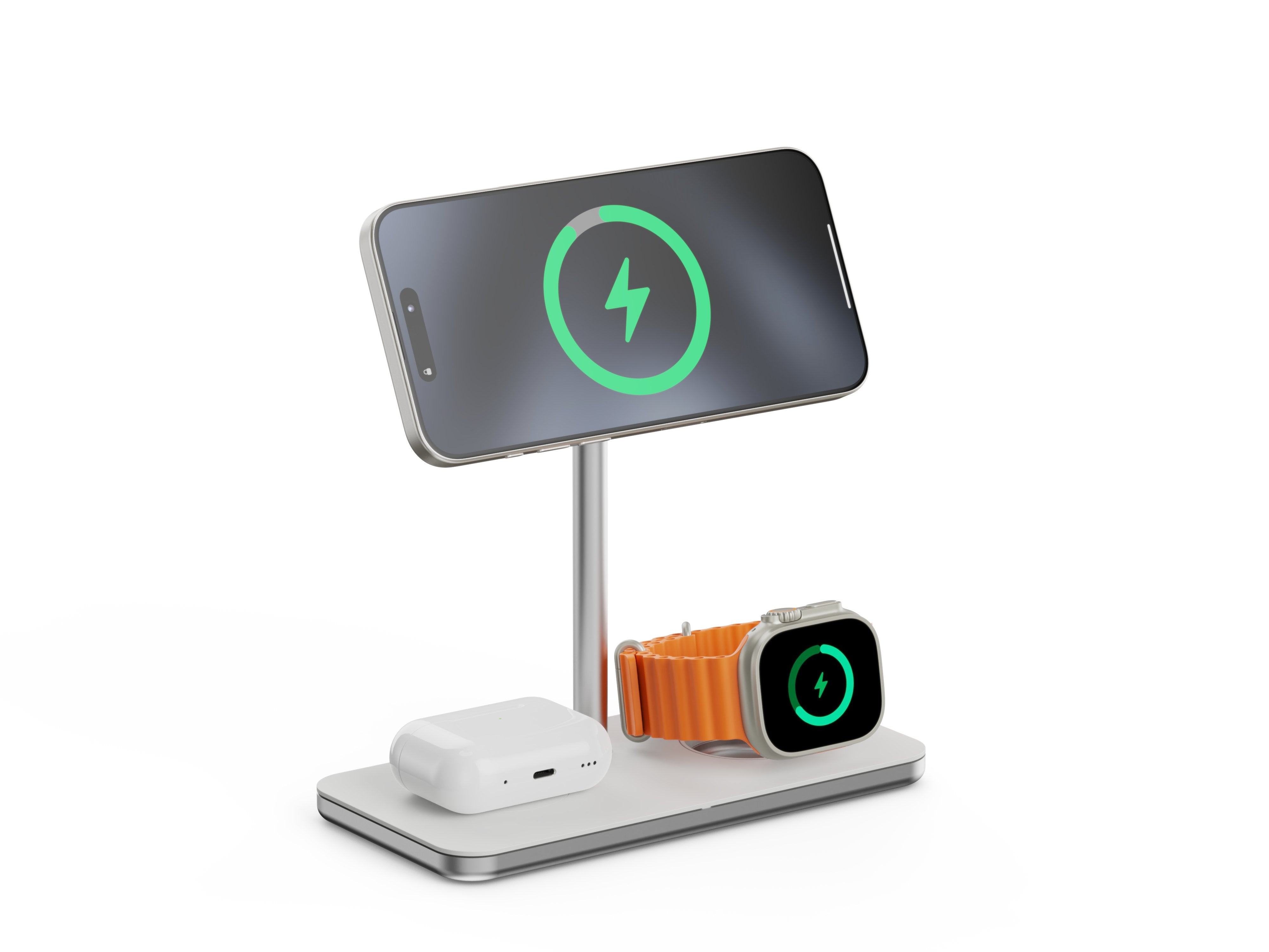 Soporte Base De Carga Inalambrico 3en1 Magsafe Plata Linq Carga Magnética Qi2/ Certificación Mfi Para Apple Watch