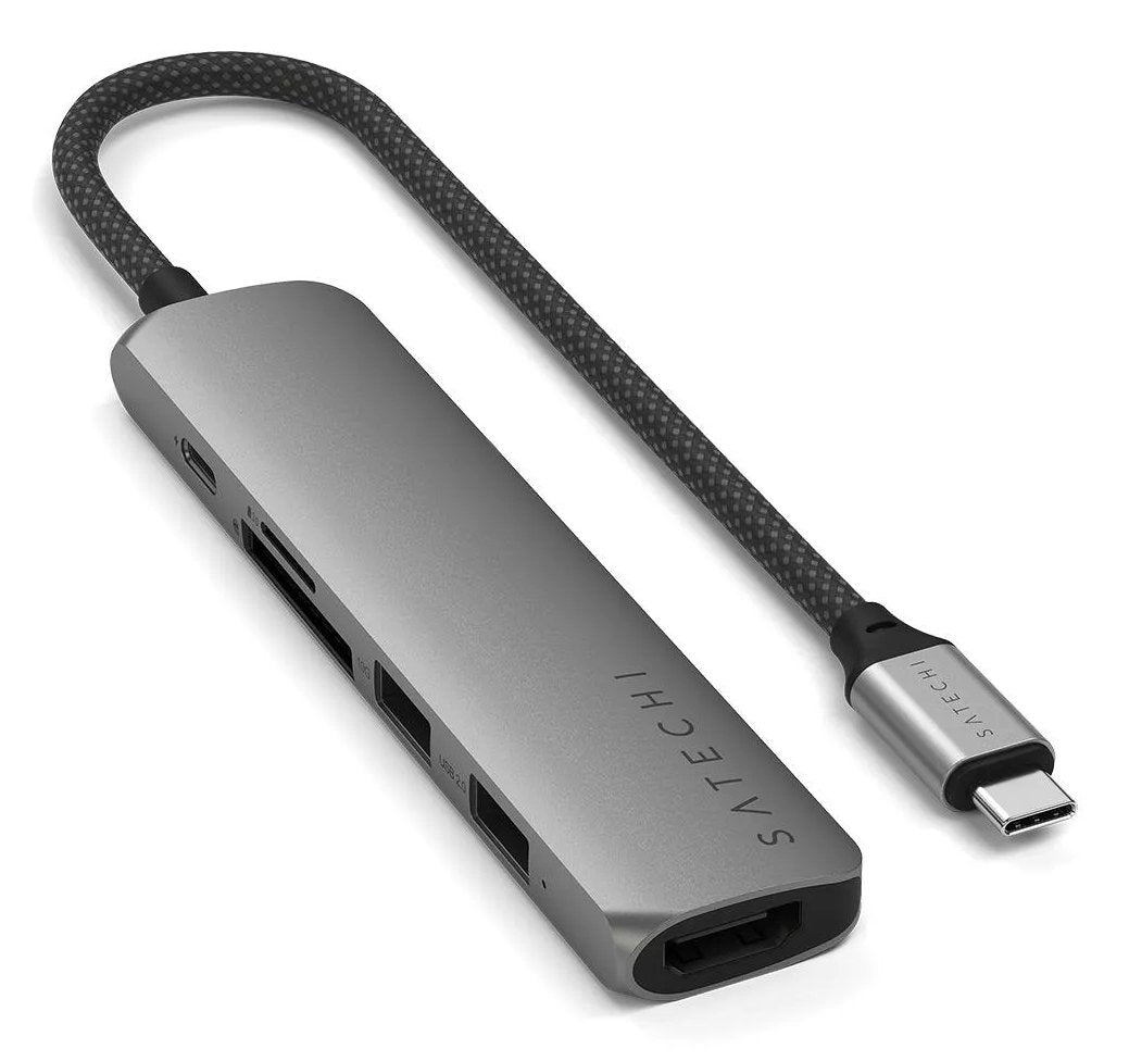 Satechi 6-In-1 Usb-C Slim Multiport Adapter - Aluminiowy Adapter Do Urzadzen Mobilnych Usb-C (Usb-C, 2x Usb-A, 4k Hdmi, Czytnik Kart Micro/Sd) (Gris)