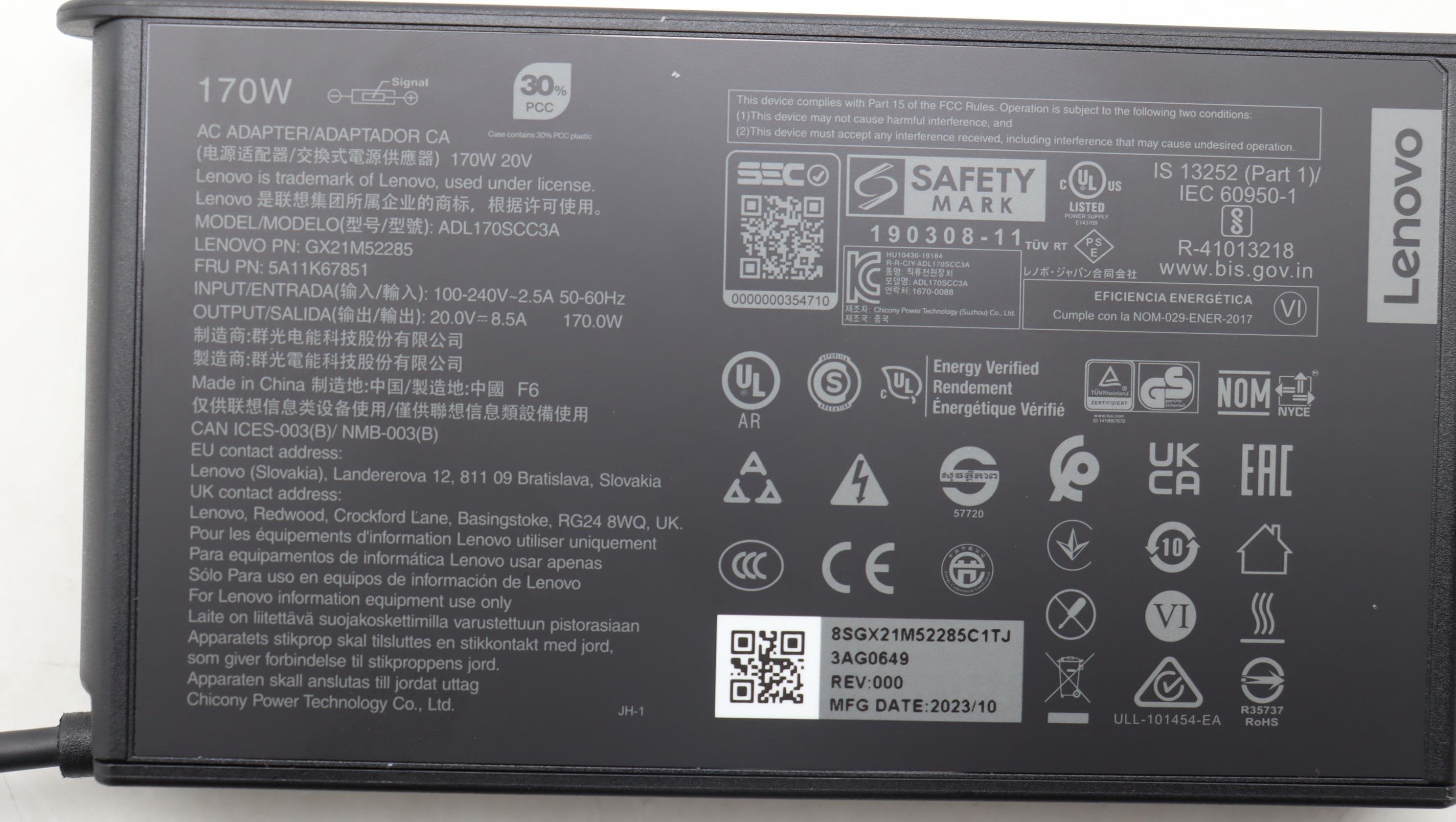 Lenovo Cargador 20v 8.5a 170w Con Cable Alimentación Para Lenovo Thinkpad  T440p 5a11k67851