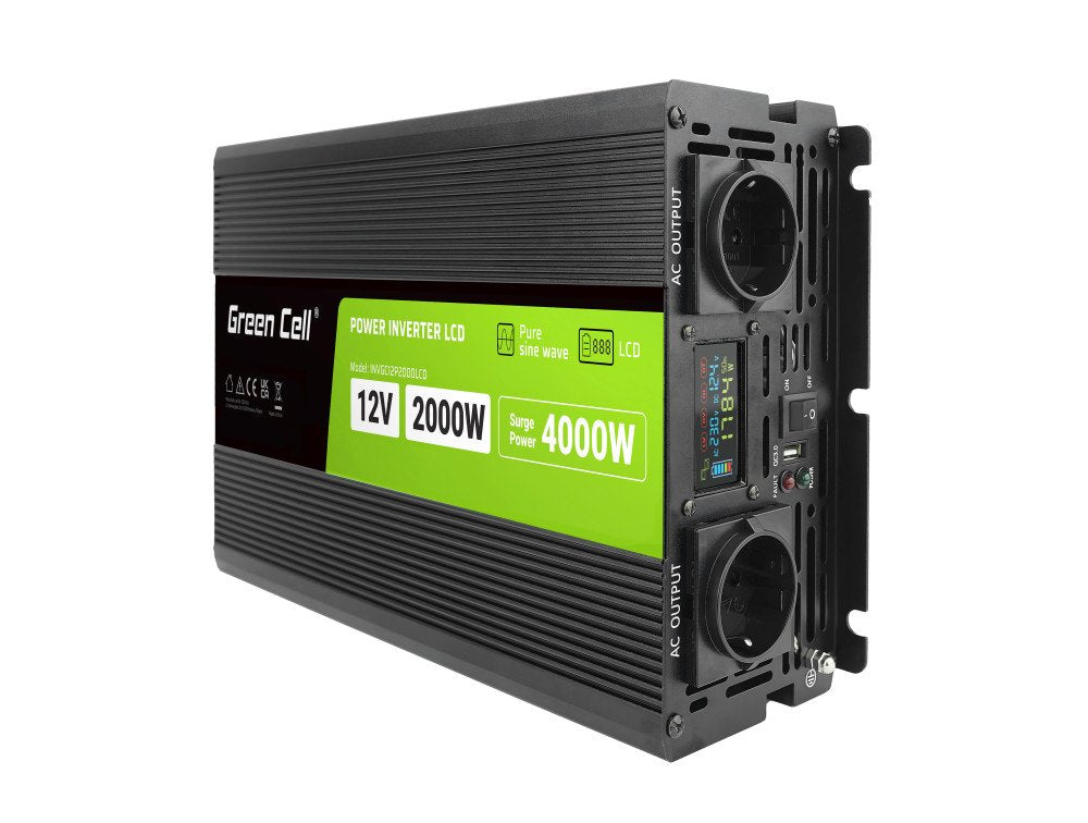 EAN 5904326374560 - Green Cell Przetwornica napicia PowerInverter LCD 12 V 2000W/40000W Przetwornica samochodowa z wywietlacz imagen 1