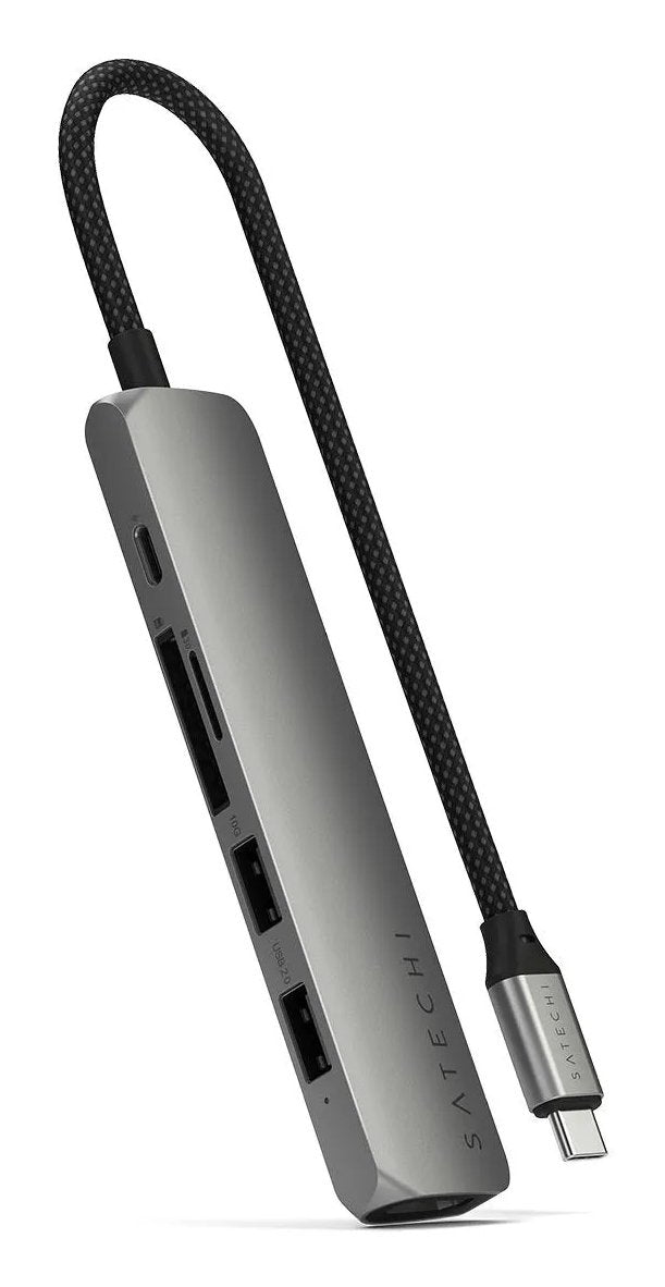Satechi 6-In-1 Usb-C Slim Multiport Adapter - Aluminiowy Adapter Do Urzadzen Mobilnych Usb-C (Usb-C, 2x Usb-A, 4k Hdmi, Czytnik Kart Micro/Sd) (Gris)