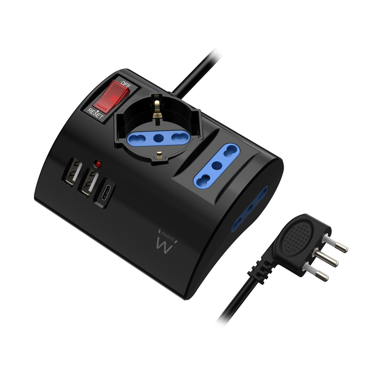 Ewent Regleta Con 6 Tomas De Sobremesa - 2 Tomas L + 1 Toma L/F (Schuko) - 2x Usb-A - 1x Usb-C - Enchufe Italiano Plano