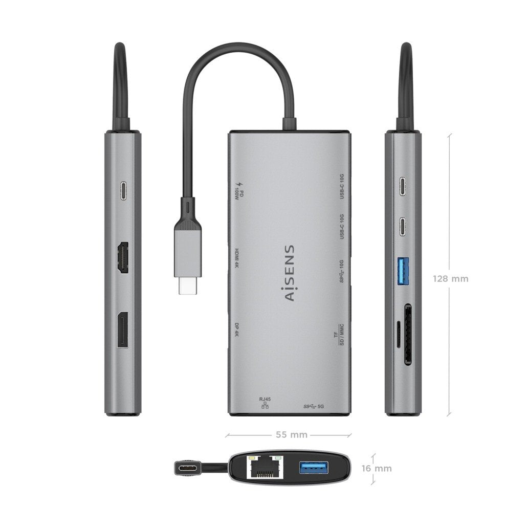Aisens Usb-C Dock 10 En 1, Usb-C A 1xhdmi, 1xdisplayport, 1xrj45, 1xusb-A 10g, 1xusb-A 5g, 2xusb-C 10g, 1xusb-C Pd100w, 1xsd, 1xmicro Sd, Gris, 20cm