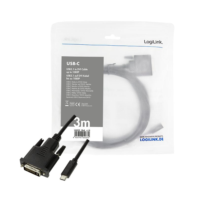 EAN 4052792050370 - LogiLink UA0332 adaptador de cable de vídeo 3 m USB Tipo C DVI-D Negro imagen 5