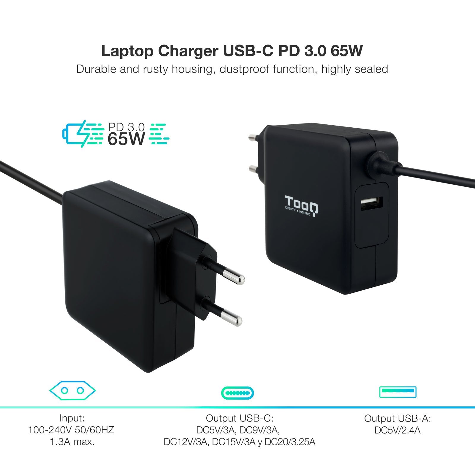 EAN 8433281011984 - TooQ TQLC-USBC65PD adaptador e inversor de corriente Interior 65 W Negro imagen 2