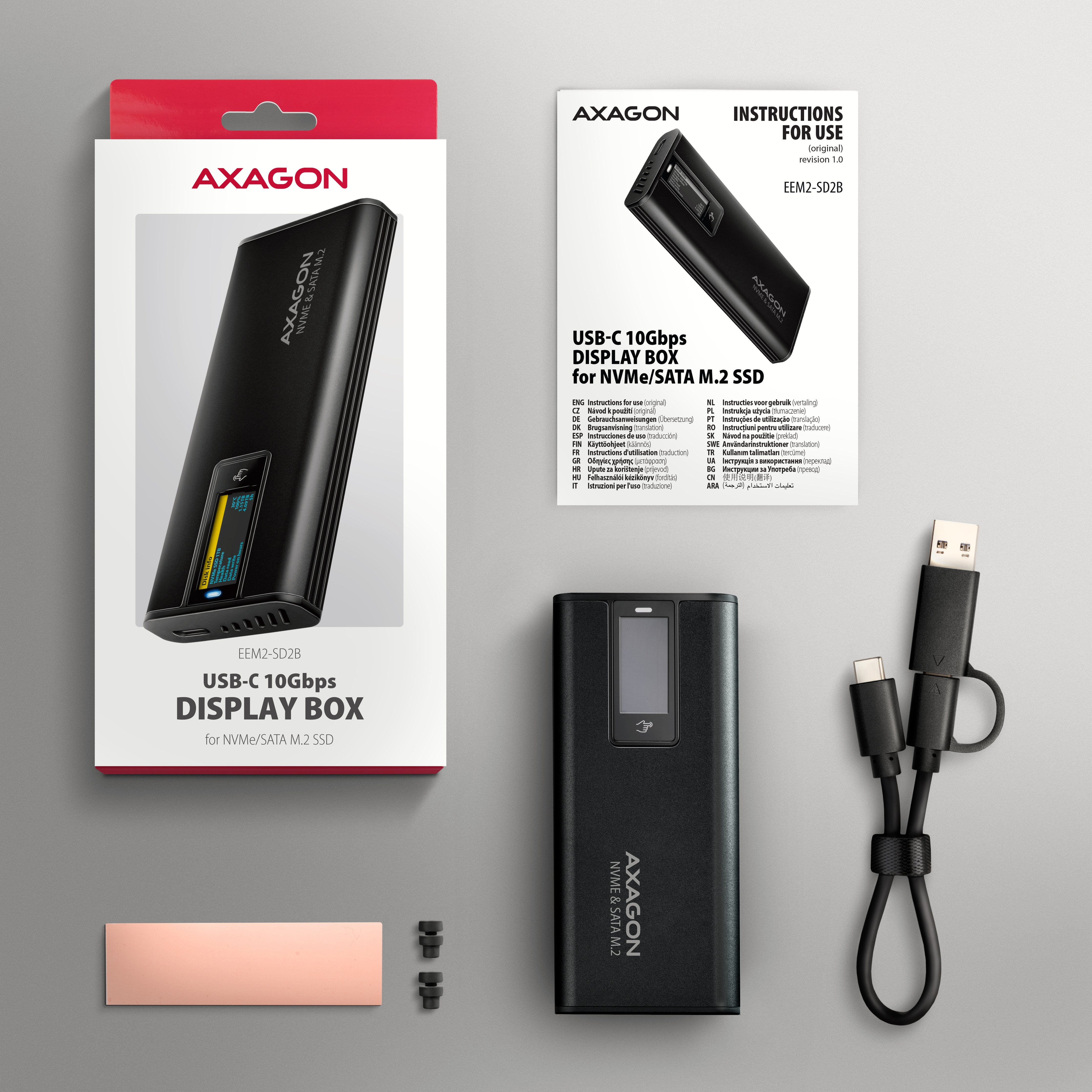 Eem2-Sd2b Obudowa Zewnetrzna Aluminiowa Bezsrubowa Usb-A/C 3.2 Gen2 M.2 Nvme/Sata Wyswietlacz Led, Czarny