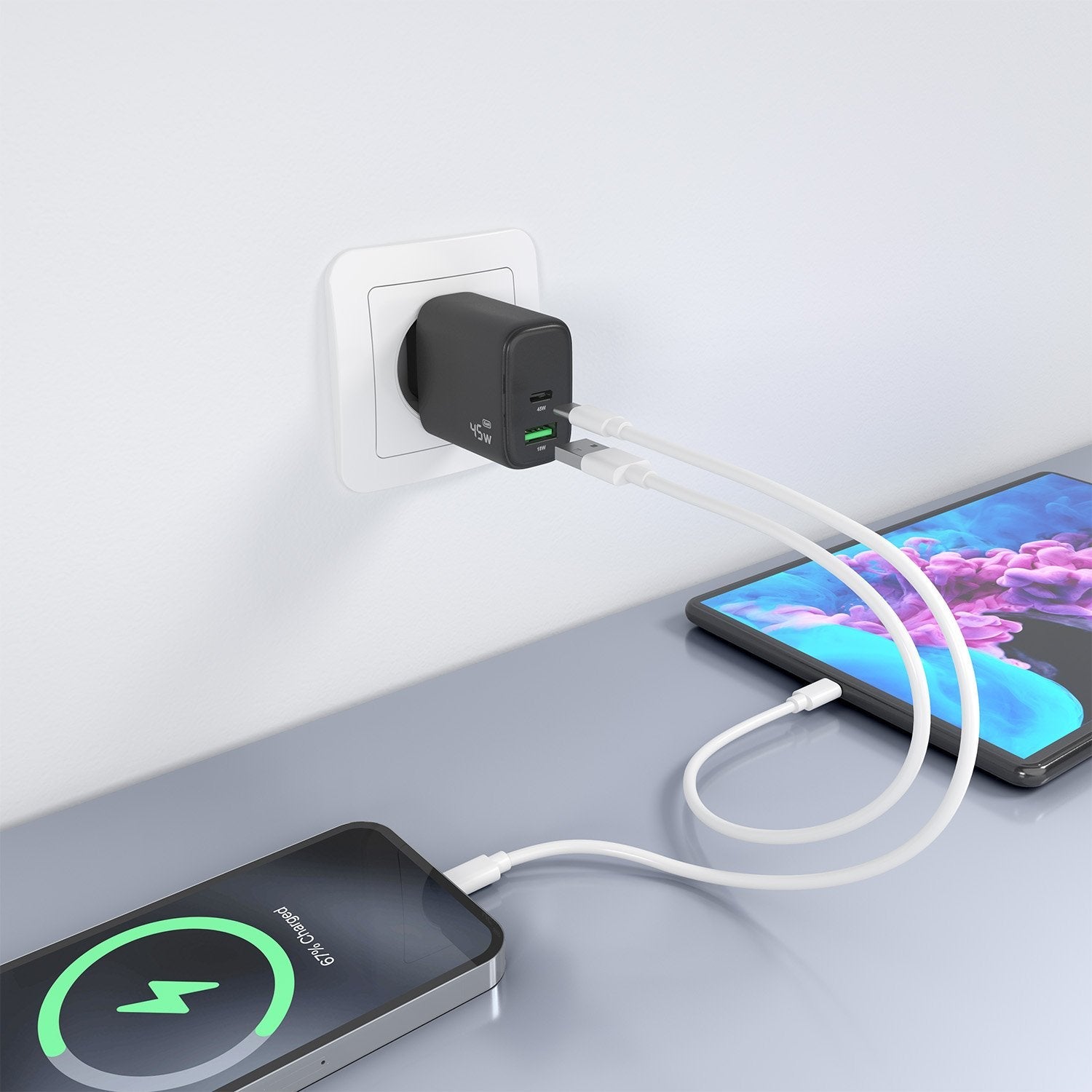 Aisens Cargador Gan 45w, 1xusb-C Pd3.0 Qc4.0, 1xusb-A Qc3.0, Negro