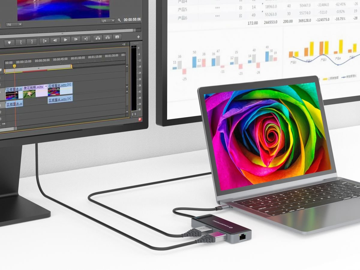 Adaptador Usb-C 7in1 Conceptronic Hdmix2 Usb-C Pd 100w Usb-A Rj45 Gigabit Donn14g