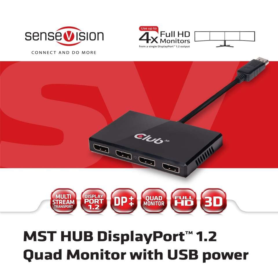 Club3d Multi Stream Transport Hub Displayport 1.2 Quad Monitor Usb Powered