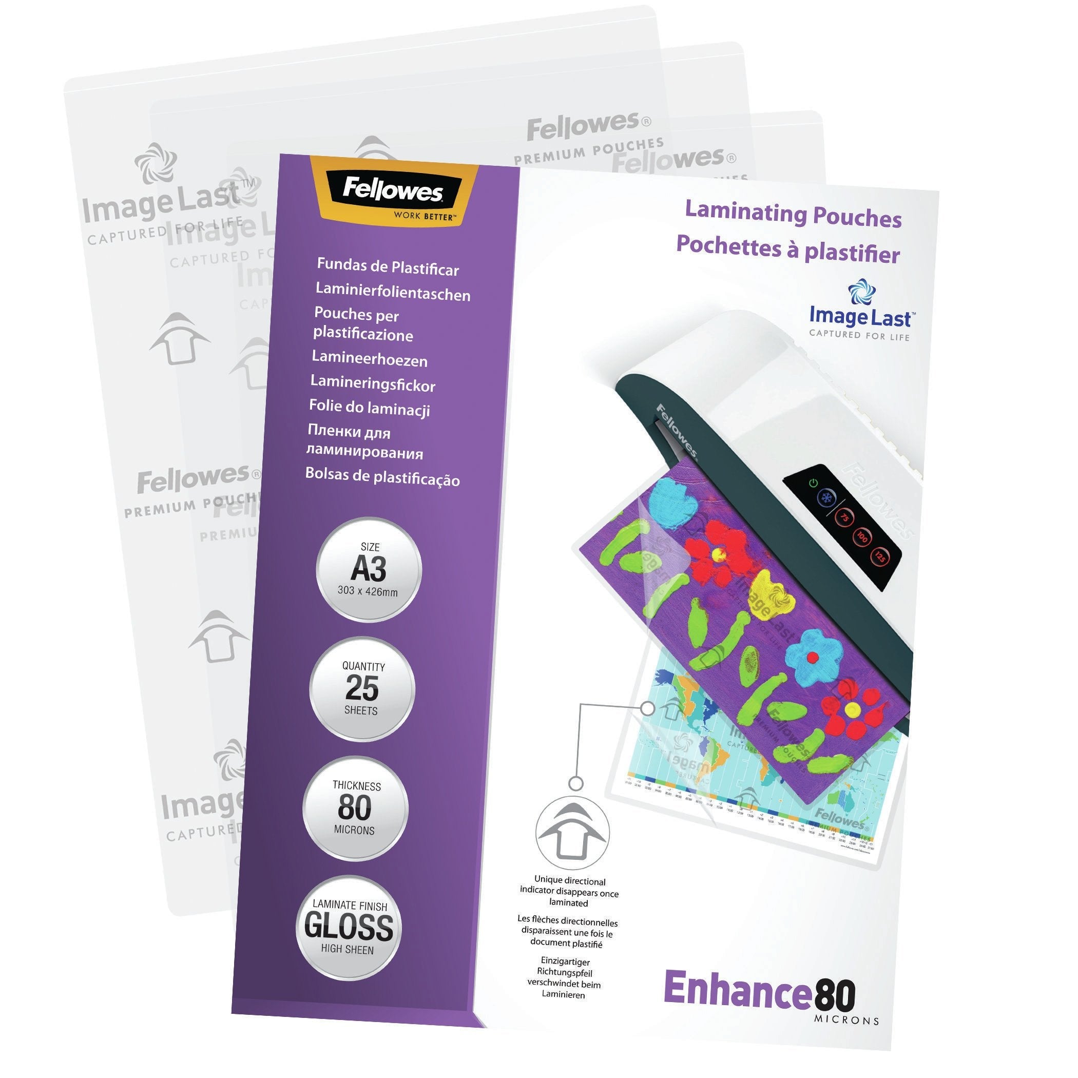 Fellowes Pack De 25 Fundas Para Plastificar Brillo A3 - 80 Micras - Alta Calidad - Transparente