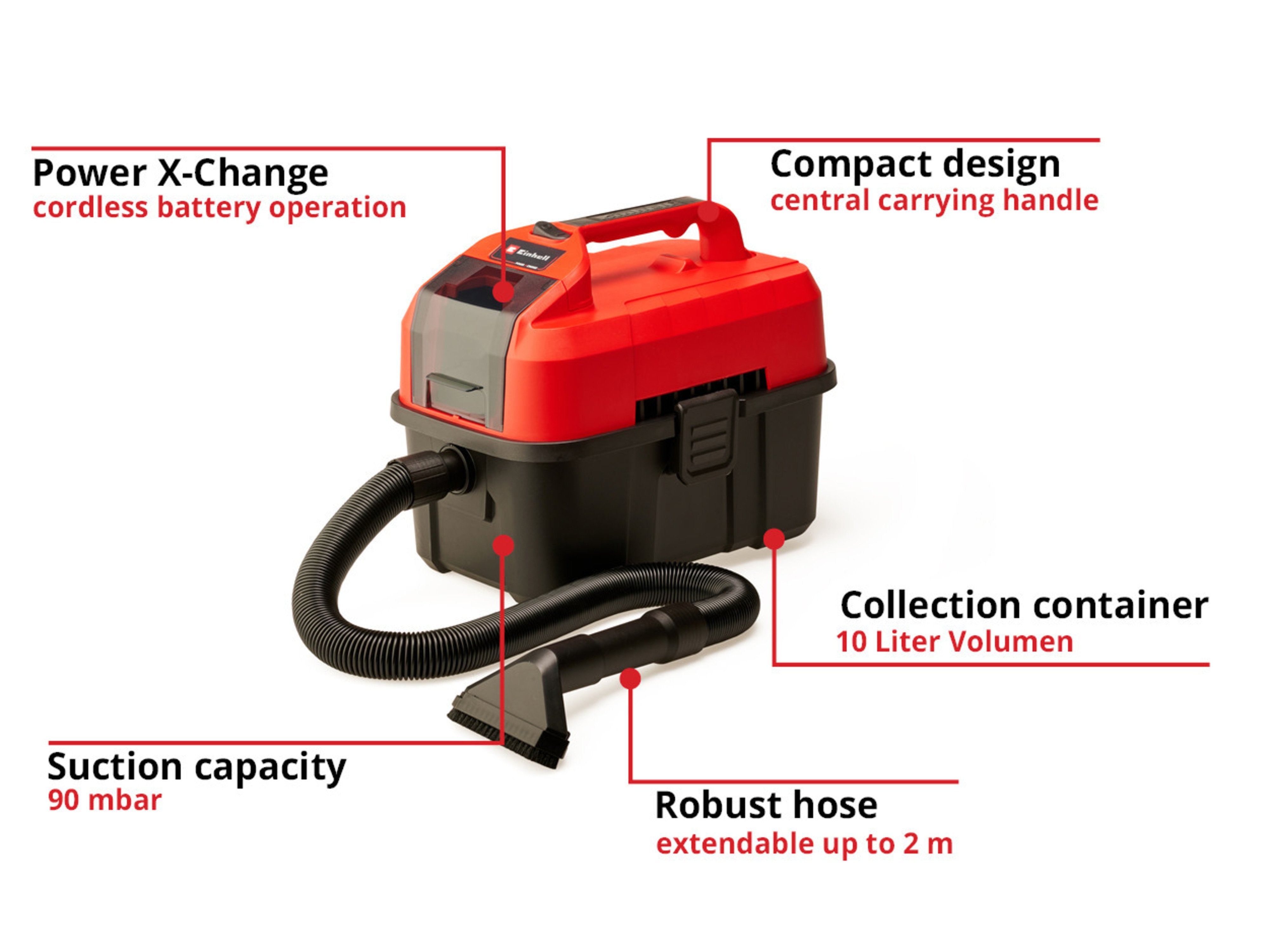EAN 4006825640274 - Einhell TE-VC 18/10 Li-Solo 10 L Negro, Rojo imagen 2