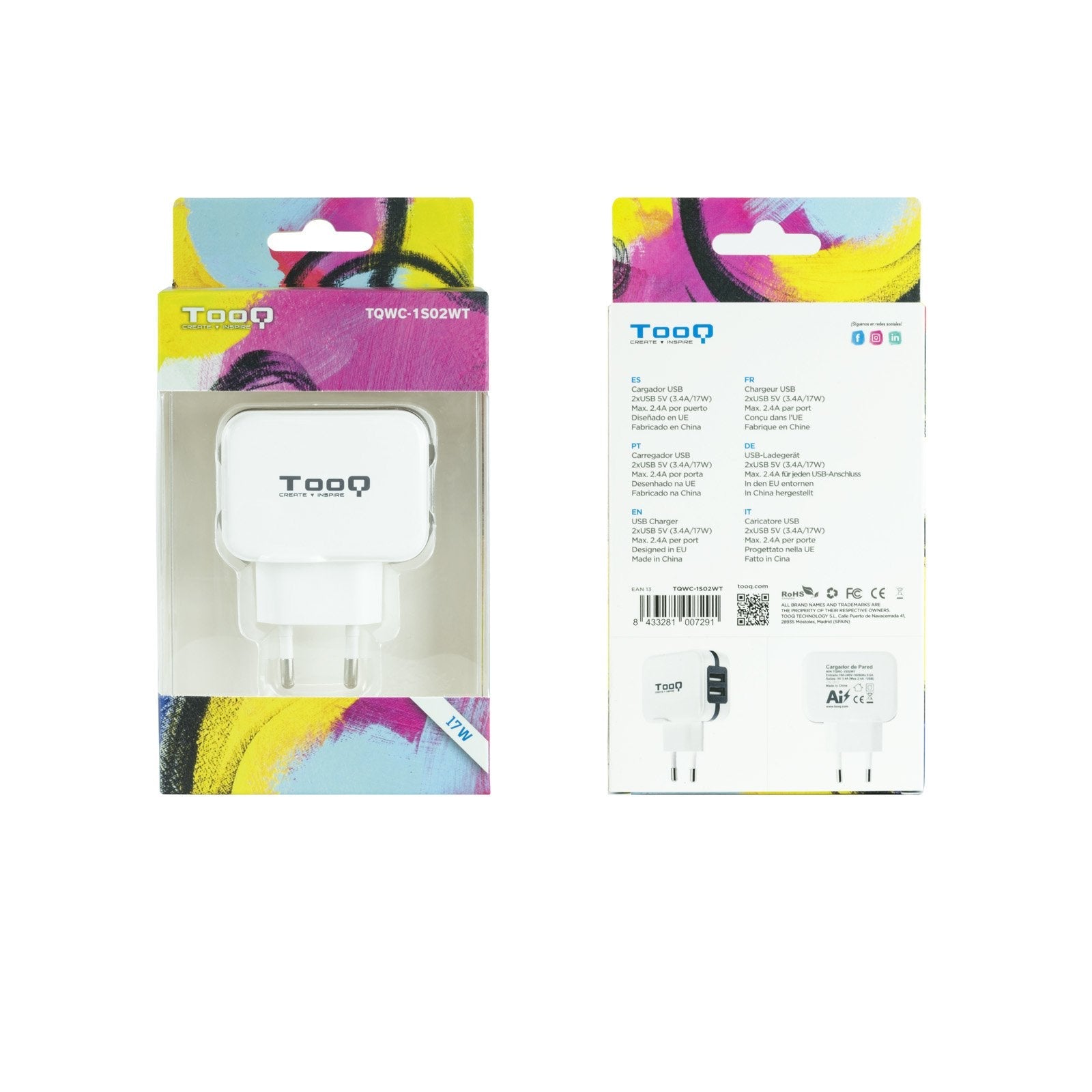Tooq Cargador De Pared 2x Usb 2.0 - Tecnologia Ai - Blanco