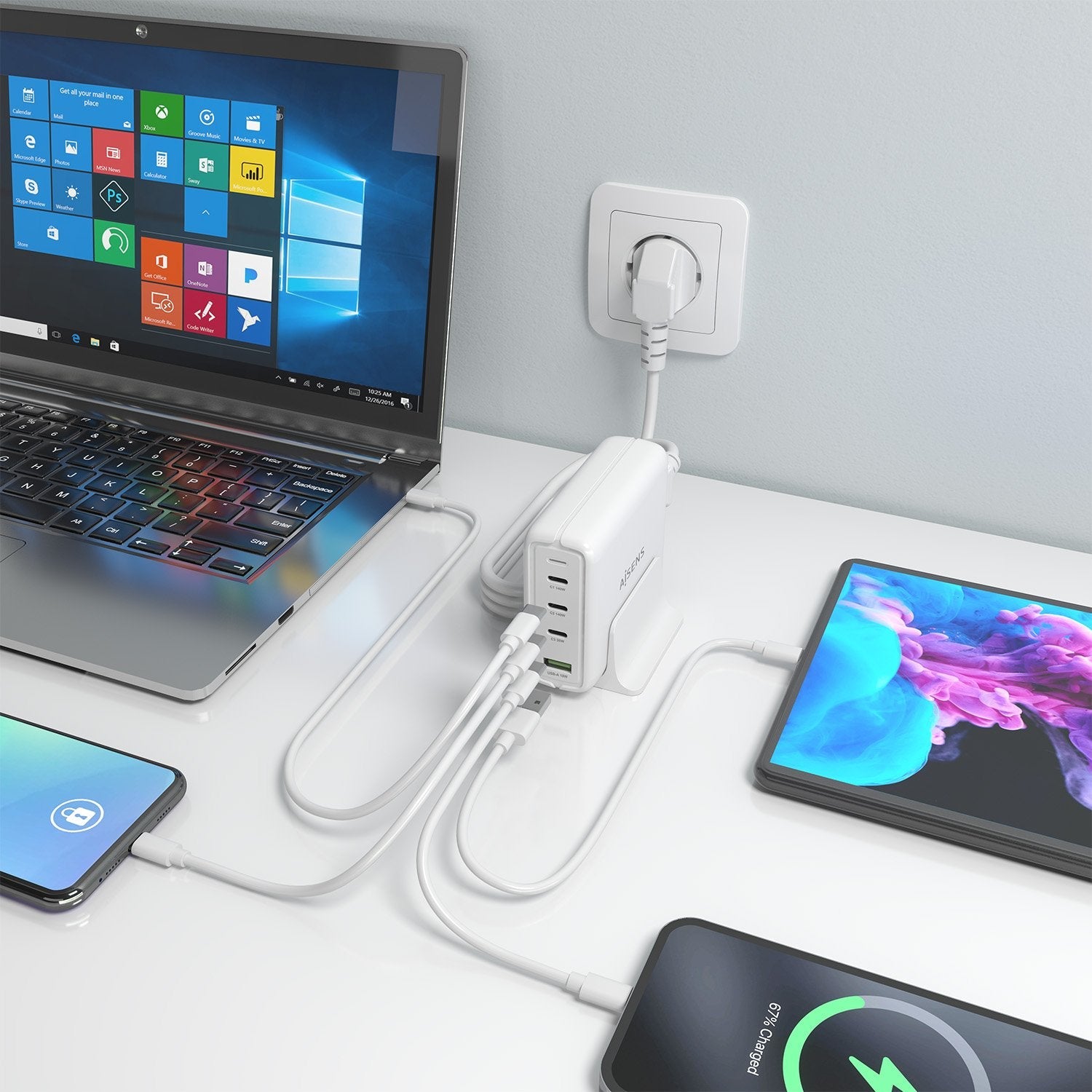 Aisens Cargador Sobremesa Gan 140w, 3xusb-C Pd3.1 Qc4.0 Qc5.0, 1xusb-A Qc3.0, Blanco