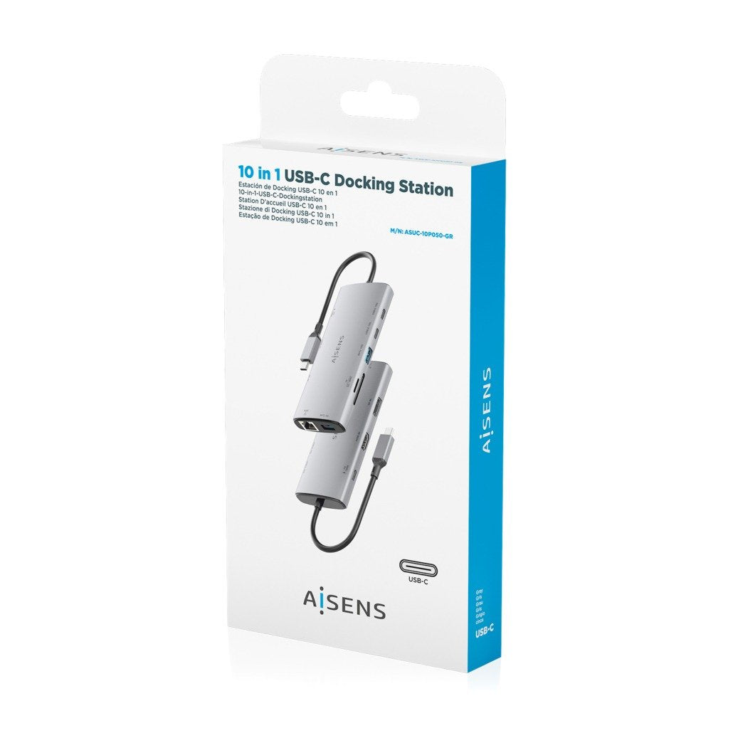 Aisens Usb-C Dock 10 En 1, Usb-C A 1xhdmi, 1xdisplayport, 1xrj45, 1xusb-A 10g, 1xusb-A 5g, 2xusb-C 10g, 1xusb-C Pd100w, 1xsd, 1xmicro Sd, Gris, 20cm