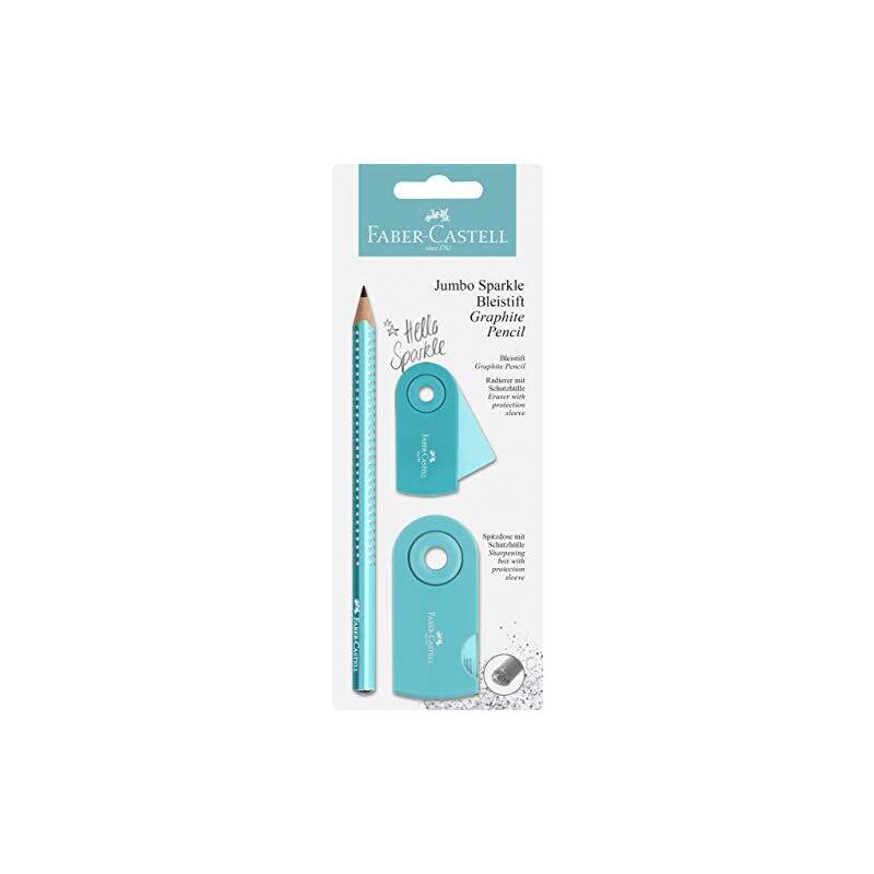 Faber Castell Lápiz De Grafito Jumbo Sparkle + Goma De Borrar + Afilalápices Turquesa En Blister