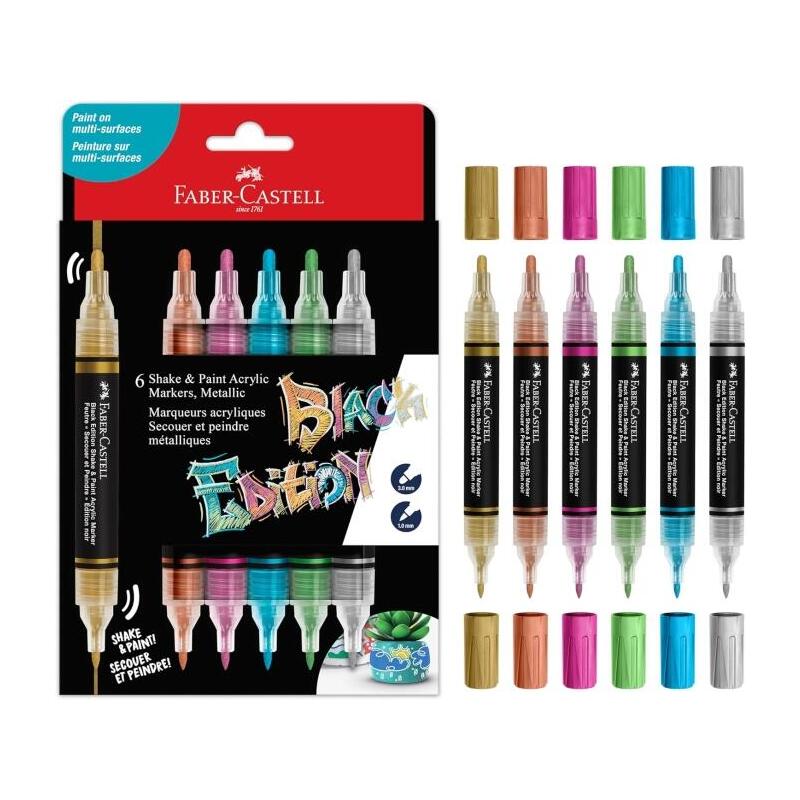 Faber-Castell Shake & Paint Black Edition Pack De 6 Rotuladores Acrilicos Doble Punta - Puntas Redondas De 1mm Y 3mm -