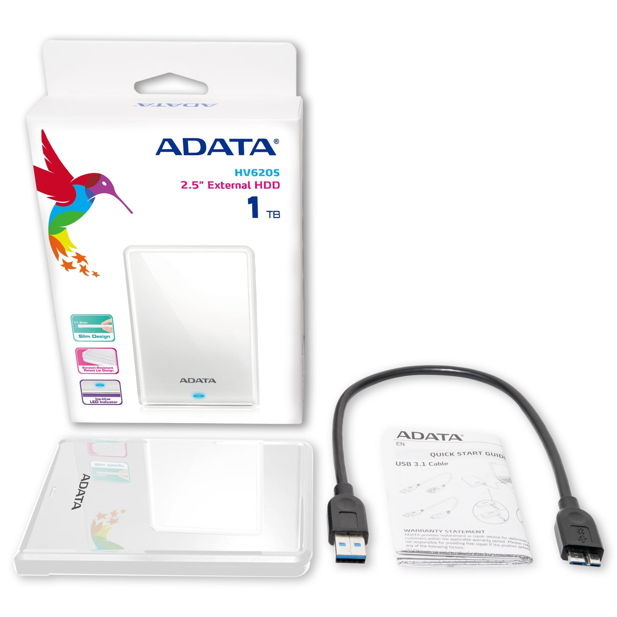 Adata 1tb Portable Hard Drive (White) Hv620s Usb 3.1, Color Box