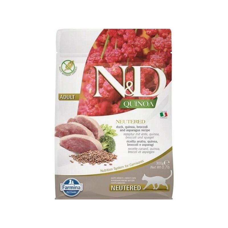 Farmina N&D Quinoa Cat Duck, Broccoli, Asparagus Neutered Adult - Comida Seca Para Gatos - 300 G