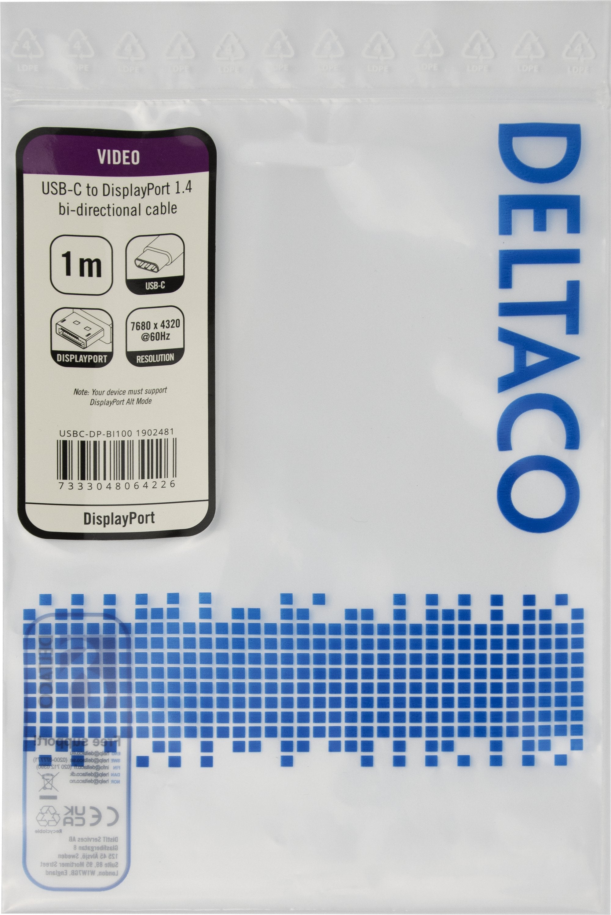 EAN 7333048064226 - Deltaco USBC-DP-BI100 cable DisplayPort 1 m USB Tipo C Negro imagen 4