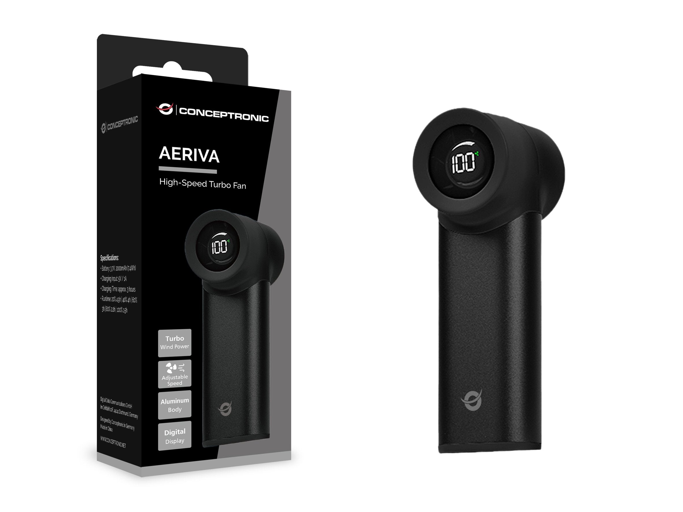 Ventilador Mini Portátil Conceptronic Aeriva02b Turbo Alta Velocidad Pantalla Digital Cuerpo Alumini