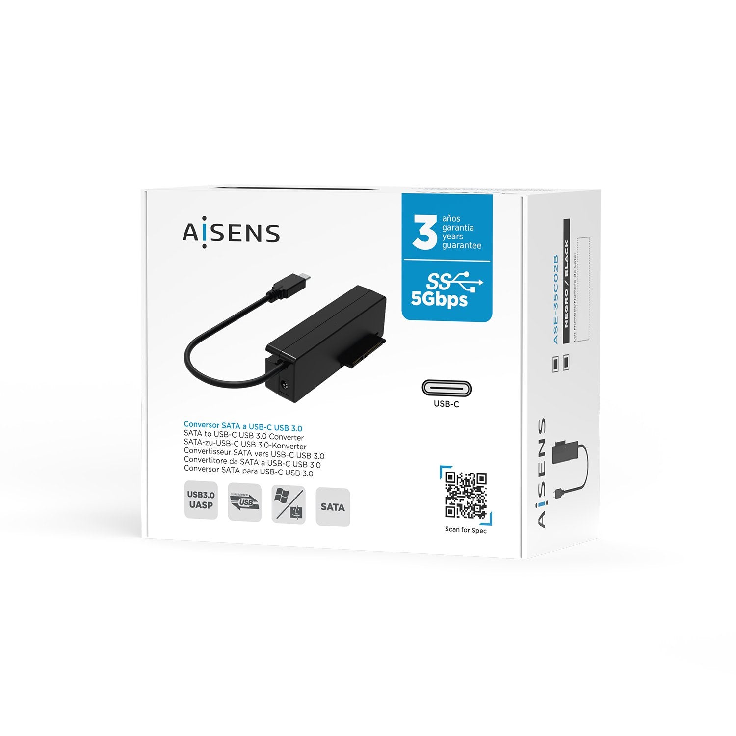 Aisens Adaptador Sata A Usb-C Usb 3.0/Usb3.1 Gen1 Para Discos Duros 2.5?? Y 3.5?? Con Alimentador - Negro