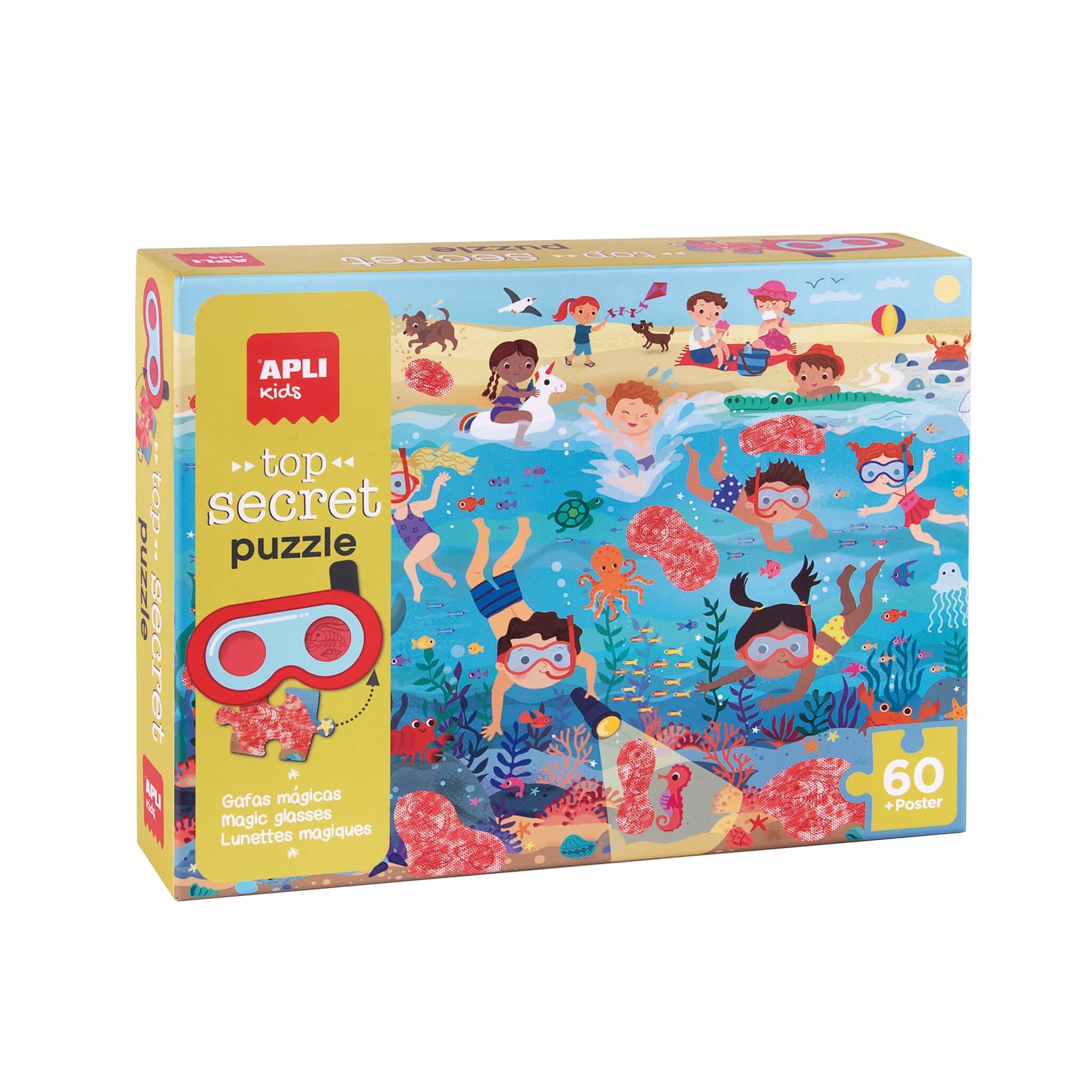 Apli Puzle Secreto Playa - Diseño Infantil Colorido - Piezas Resistentes Y Seguras - Incluye Gafas Magicas Y Poster