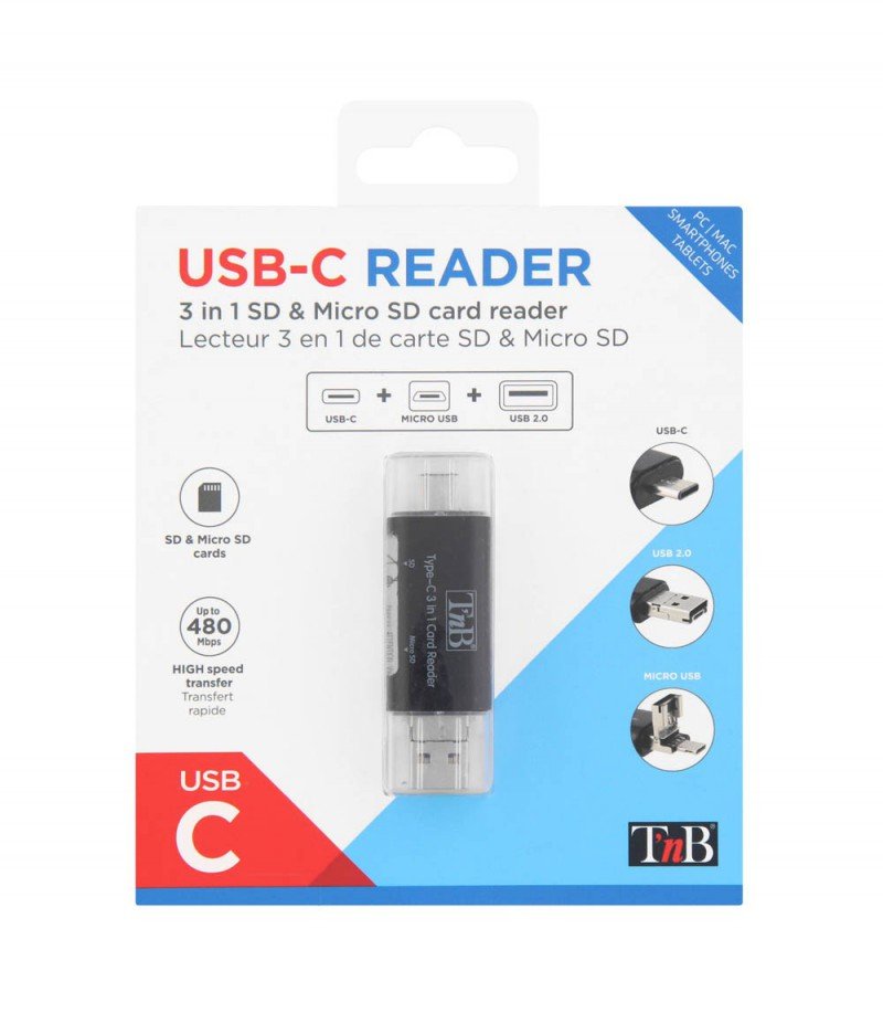 Tnb Lector De Tarjetas Sd Y Micro Sd 3 En 1 Pocket Memory Card Reader (Sd / Micro Sd) - Compatible With All Devices : Usb-C / Usb / Micro Usb - Black