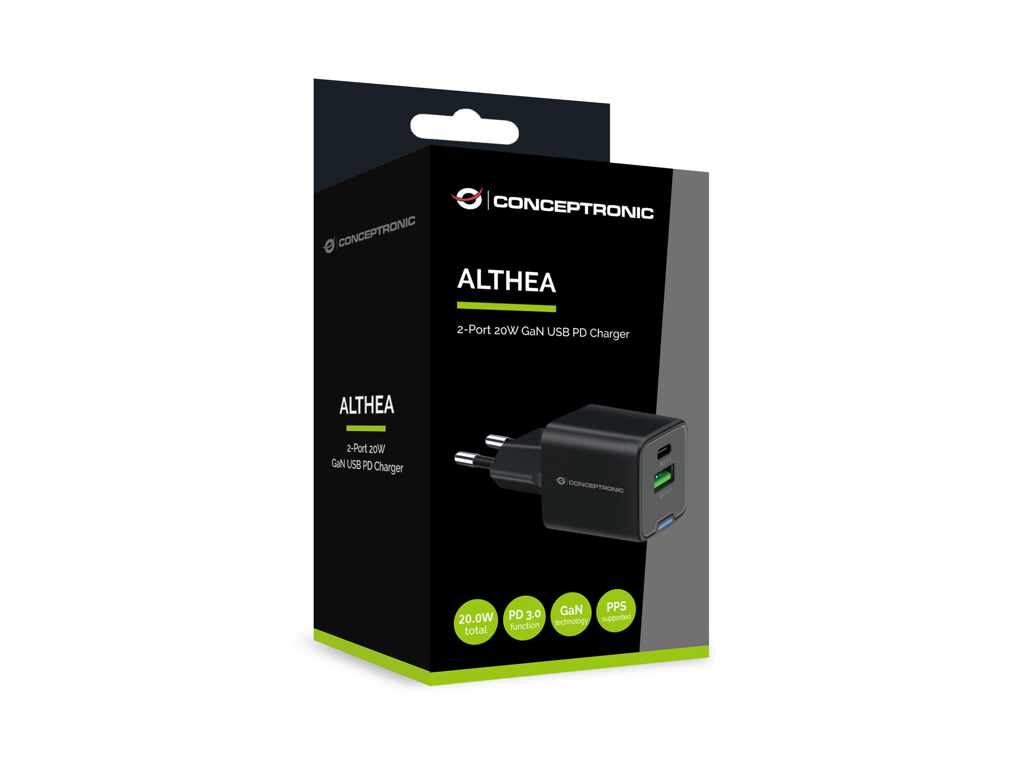 Conceptronic Cargador 2port 20w,1xusb-C,1xusb-A 1.5m Sw