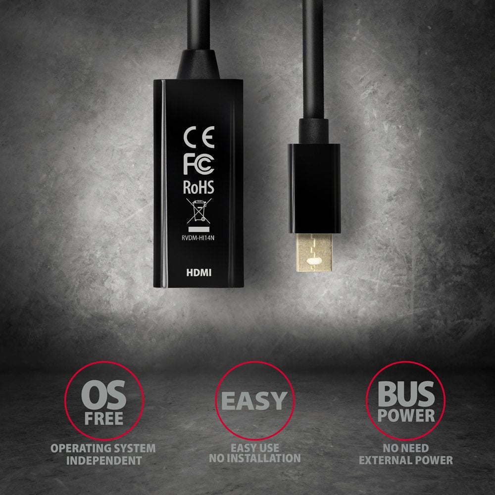 Axagon Rvdm-Hi14n Mini-Displayport Zu Hdmi Adaptador, 4k/30 Hz, 15 Cm Lang - Negro