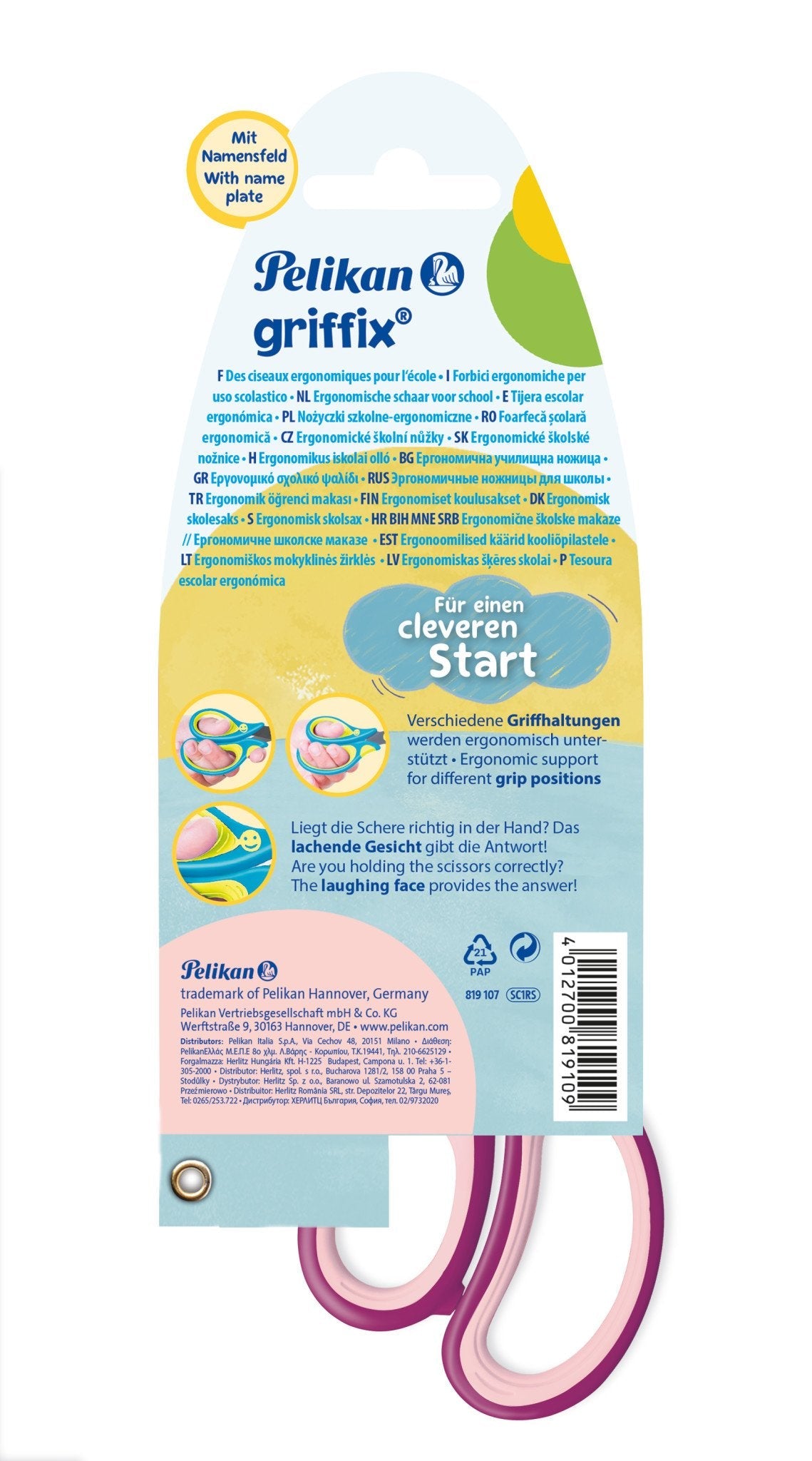 Tijera Pelikan Griffix Universal Corte Recto Rosa