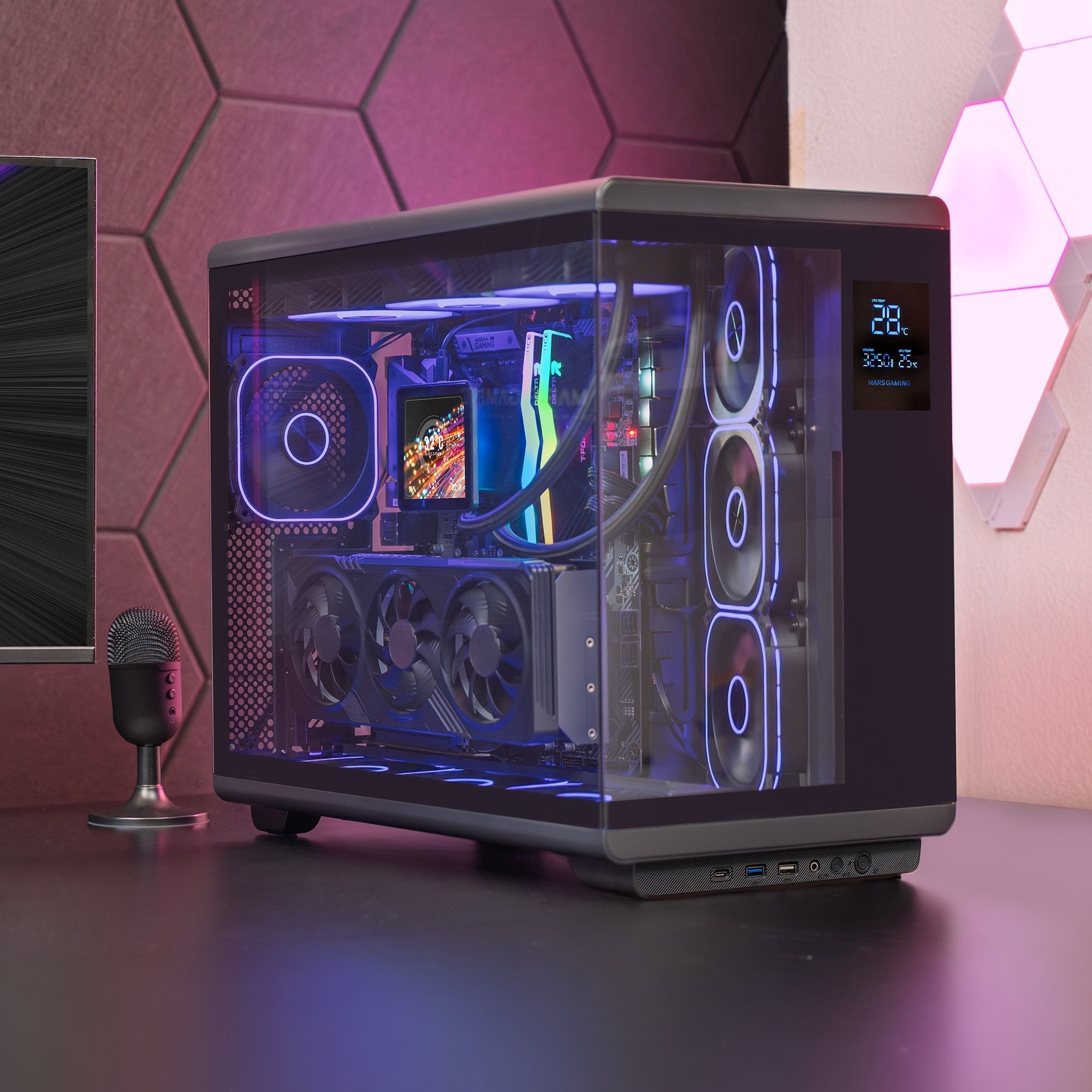 Caja Pc Atx Mars Gaming Mc-Revpro Pantalla Lcd 4.3" Cristal Templado 4x Ventiladores Argb Black