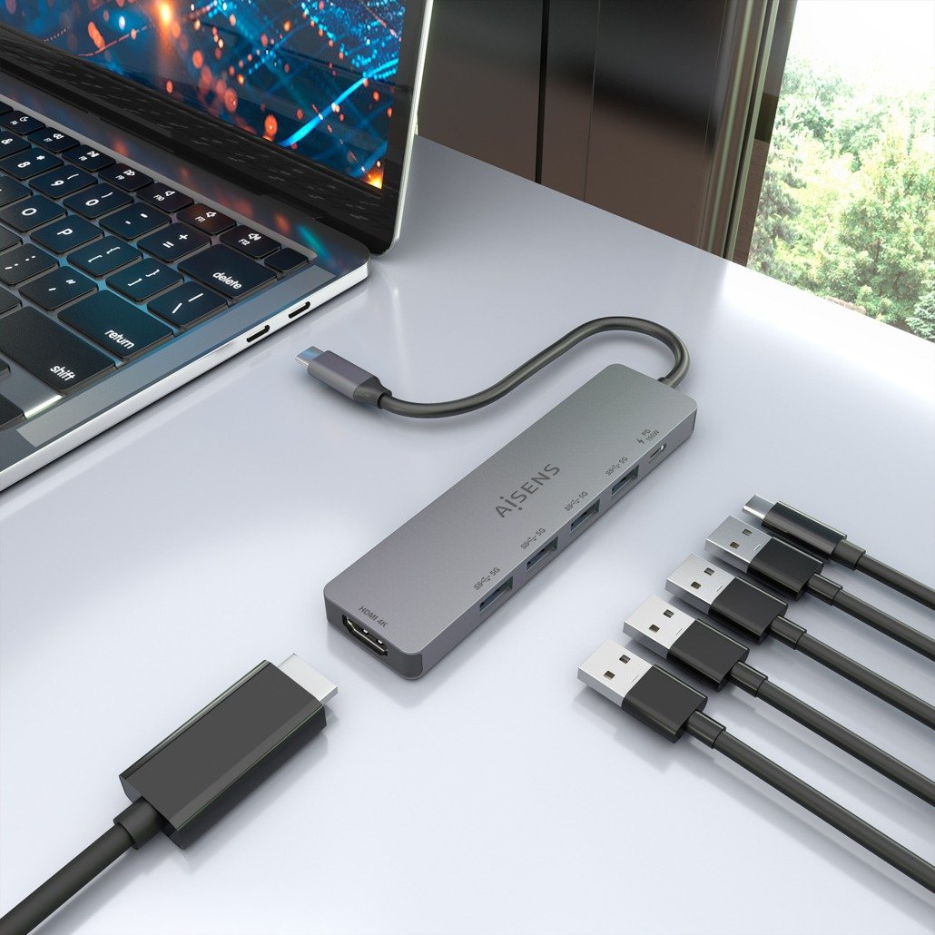 Aisens Usb-C Dock 6 En 1, Usb-C A 1xhdmi, 4xusb-A, 1xusb-C Pd 100w, Gris, 15cm