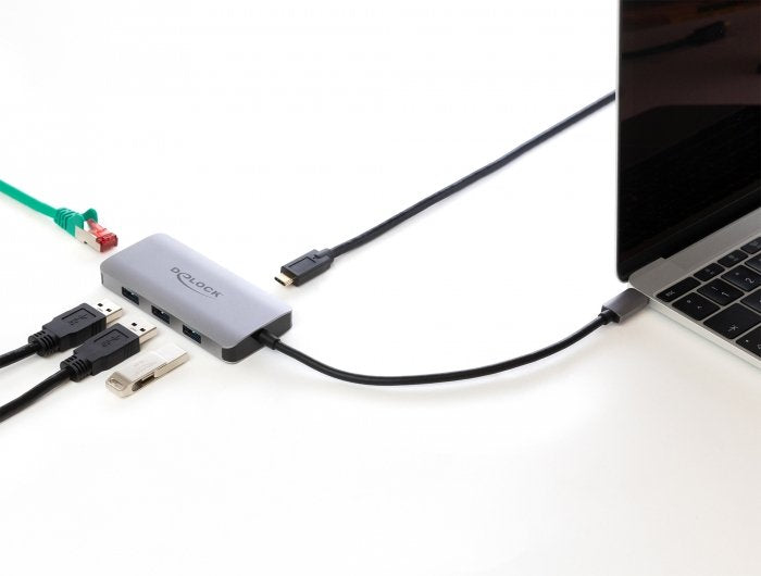 Delock Usb 3.2 Gen 1 Hub Con 4 Puertos Y Lan Y Pd Gigabit, Estación De Acoplamiento Gray 63252