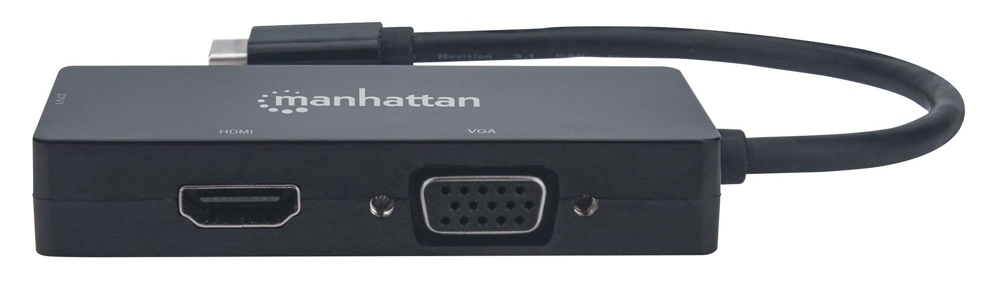 Manhattan Convertidor Usb-C A Multipuertos De A/V 3 En 1 Usb-C Macho A Conectores Hembra Dvi, Hdmi O Vga. Resoluciones: Hdmi A 4k@30hz, Vga Y Dvi A 1080p, Negro