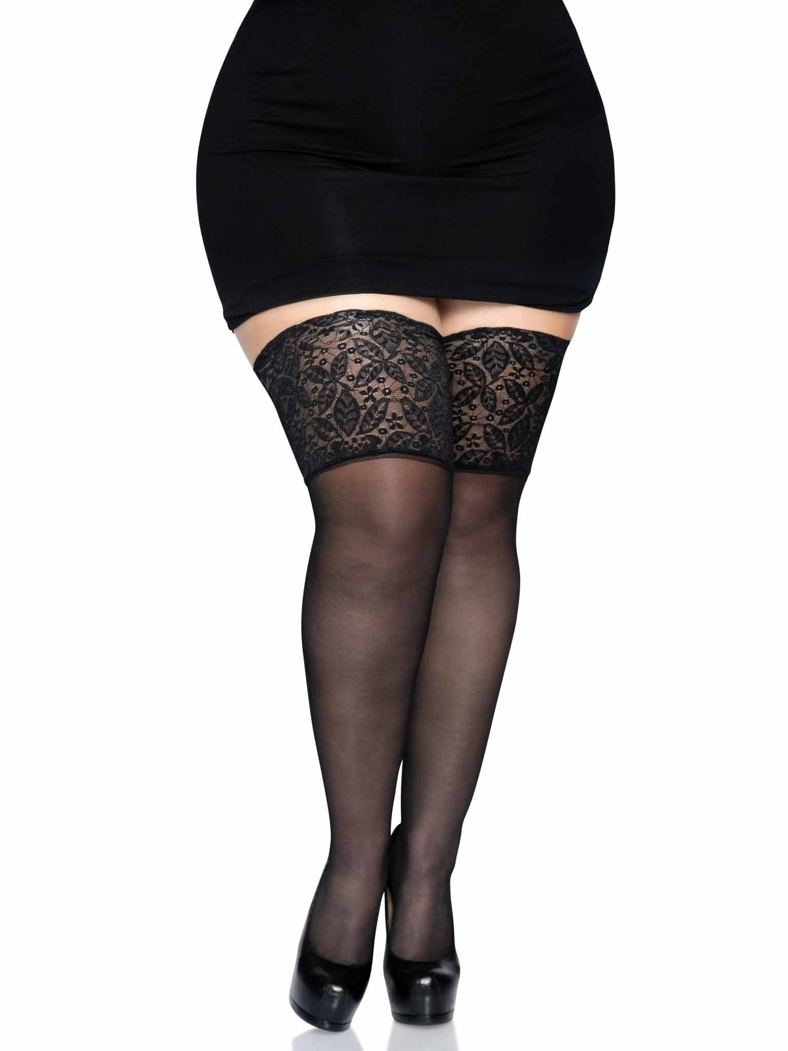 Leg Avenue Medias Negras Autoadhesivas Con Encaje Ancho Negro Plus