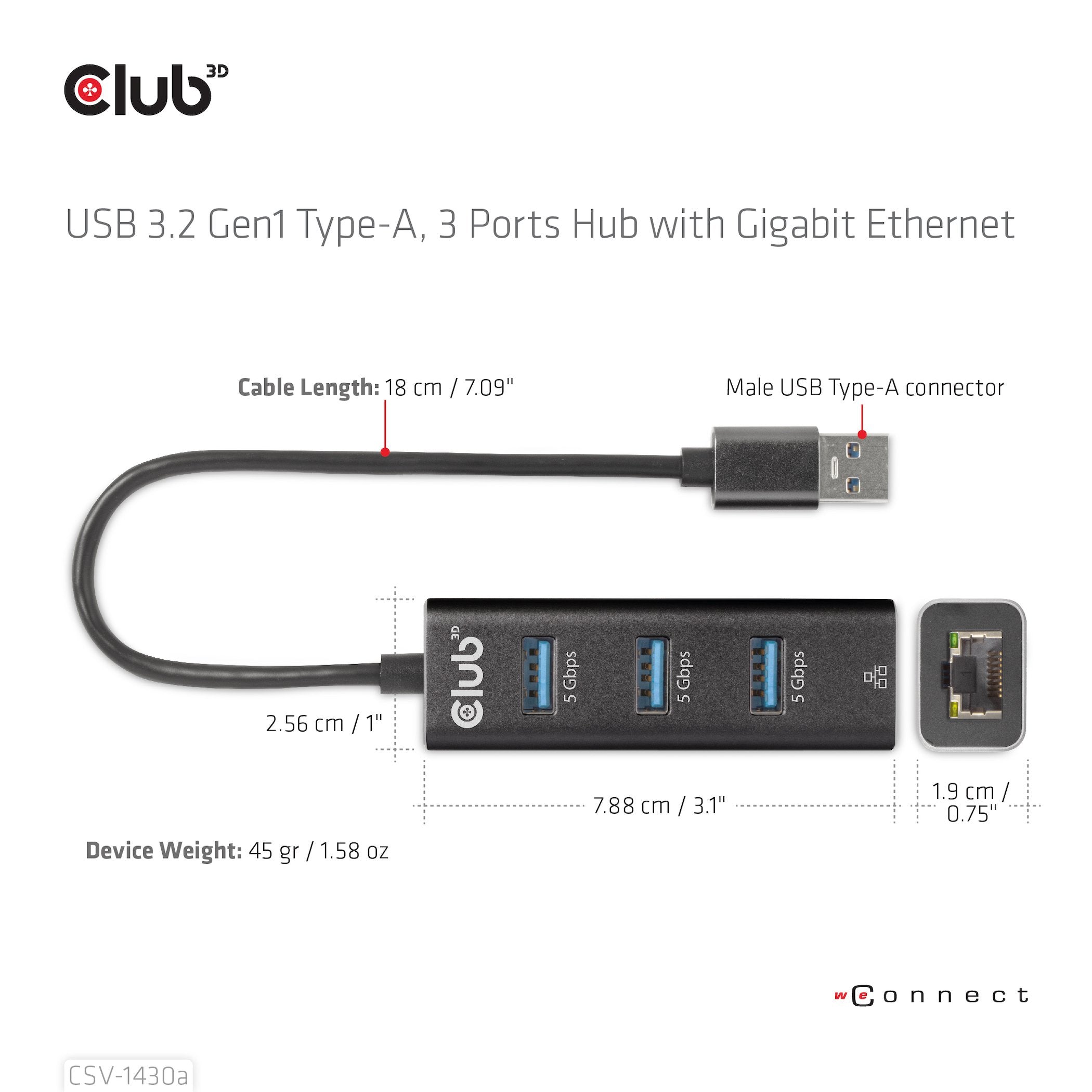Club3d Usb 3.2 Gen1 Tipo-A, Hub De 3 Puertos Con Gigabit Ethernet