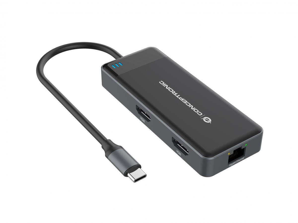 Adaptador Usb-C 7in1 Conceptronic Hdmix2 Usb-C Pd 100w Usb-A Rj45 Gigabit Donn14g
