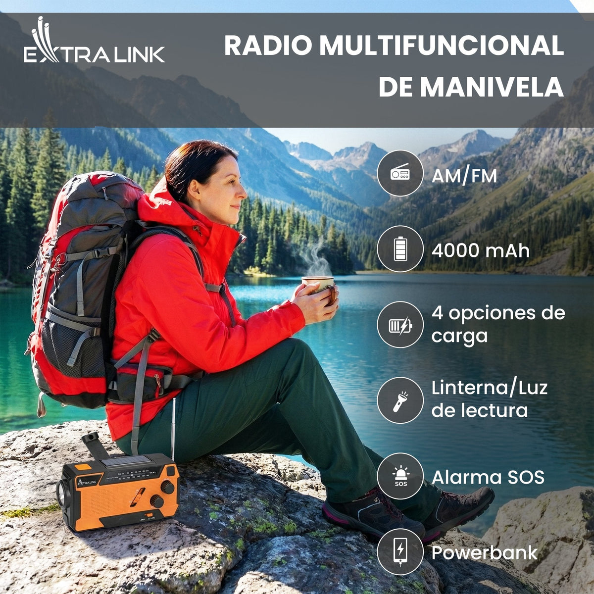 Extralink Radio Awaryjne Solarne Z Korbka Dynamo Powerbank 4000mah Z Latarka Sos Sr-4000