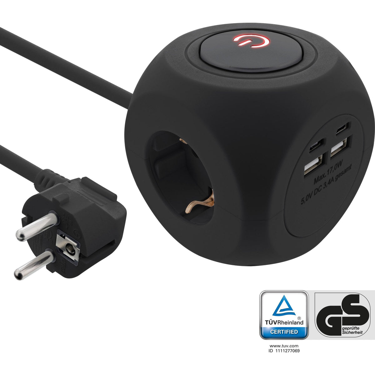 Inline® Charging Cube, 3x Earthing Contact, 2x Usb-C, 2x Usb-A, Negro, 2m
