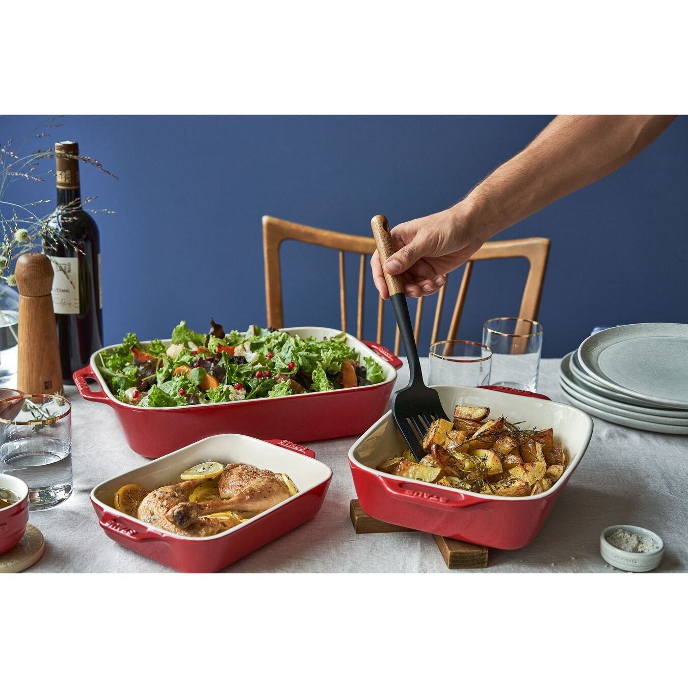Staub 3-Piece Rectangular Ceramic Bakeware Set, Cherry Red